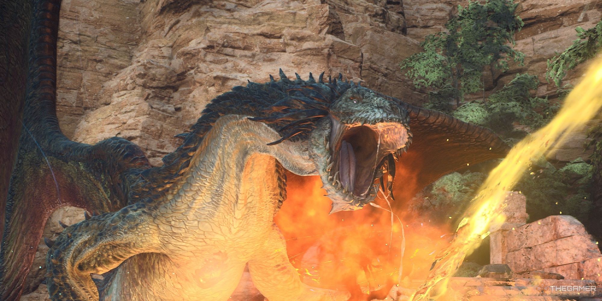 A Drake roars with fire exploding behind it in Dragon's Dogma 2.