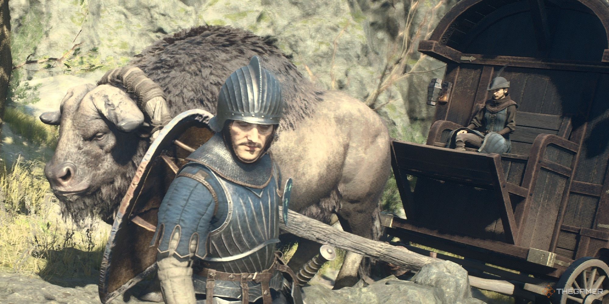 Soldiers wait beside an oxcart in Dragon's Dogma 2.