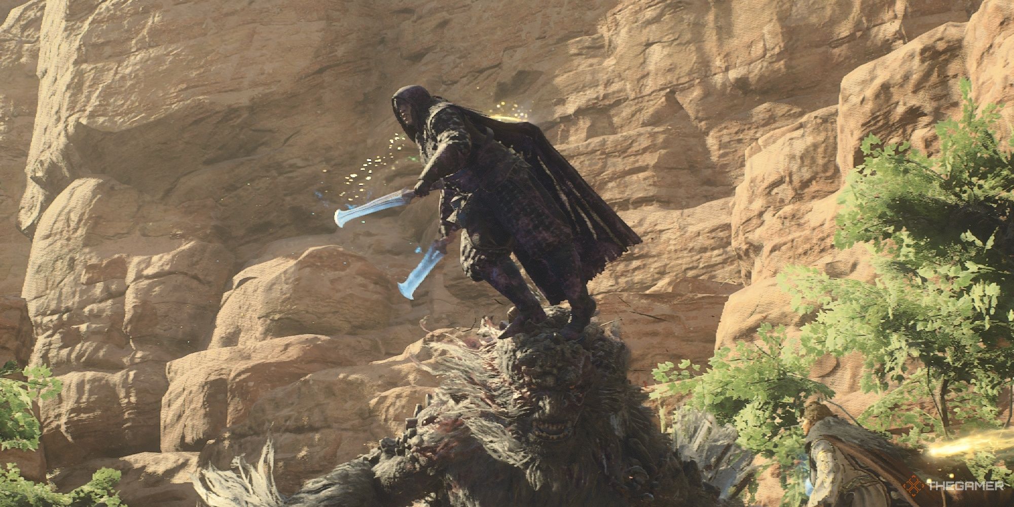 A Thief stands on an ogre's head in Dragon's Dogma 2.