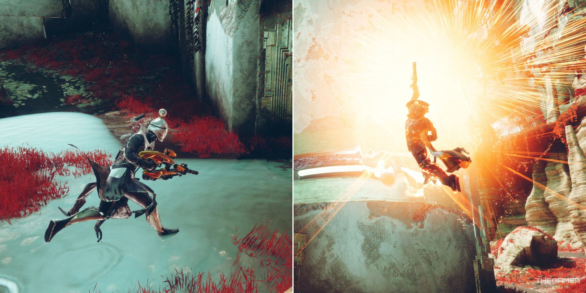 Destiny 2 split image of a warlock running and a hunter casting their super