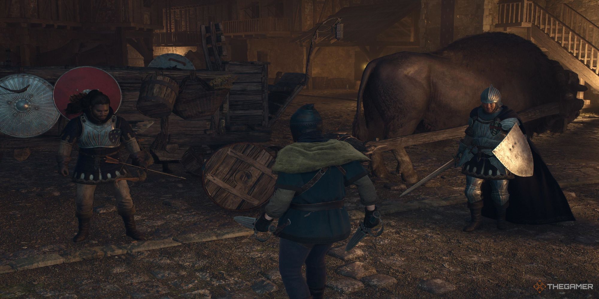 A screenshot from Dragon's Dogma 2 showing the player character as a thief standing off against two guards in front of an oxcart. 