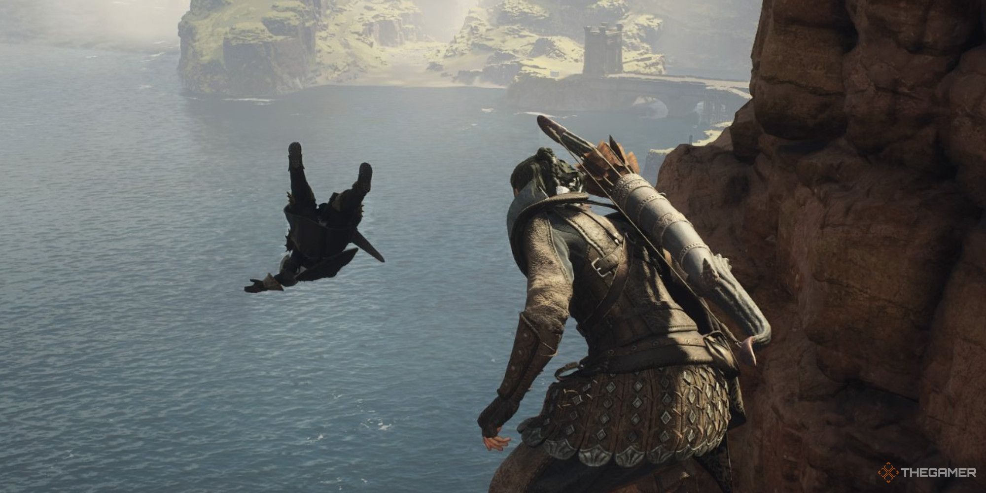 Dragon's Dogma 2 main character throwing an armored woman off a cliff and into the ocean