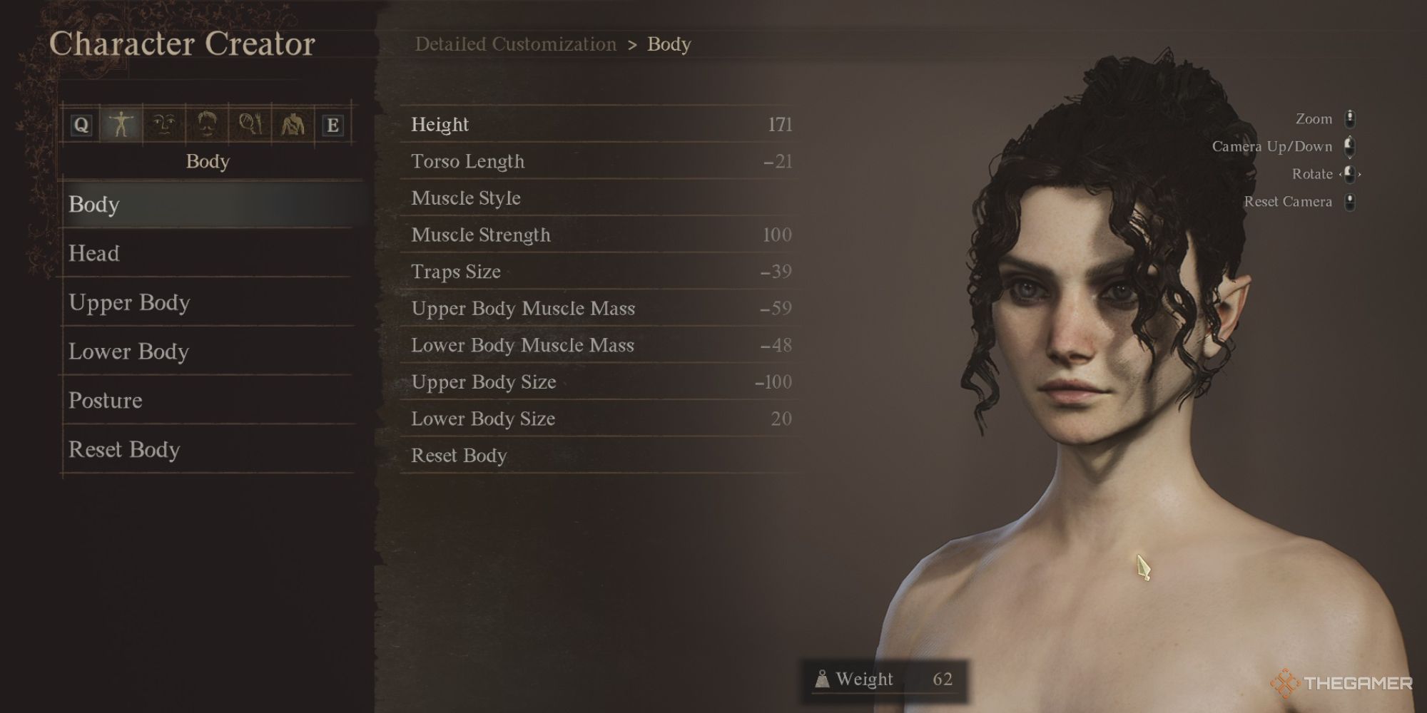 The Dragon's Dogma 2 character creator, with an elven woman with dark, curled hair on the right hand side