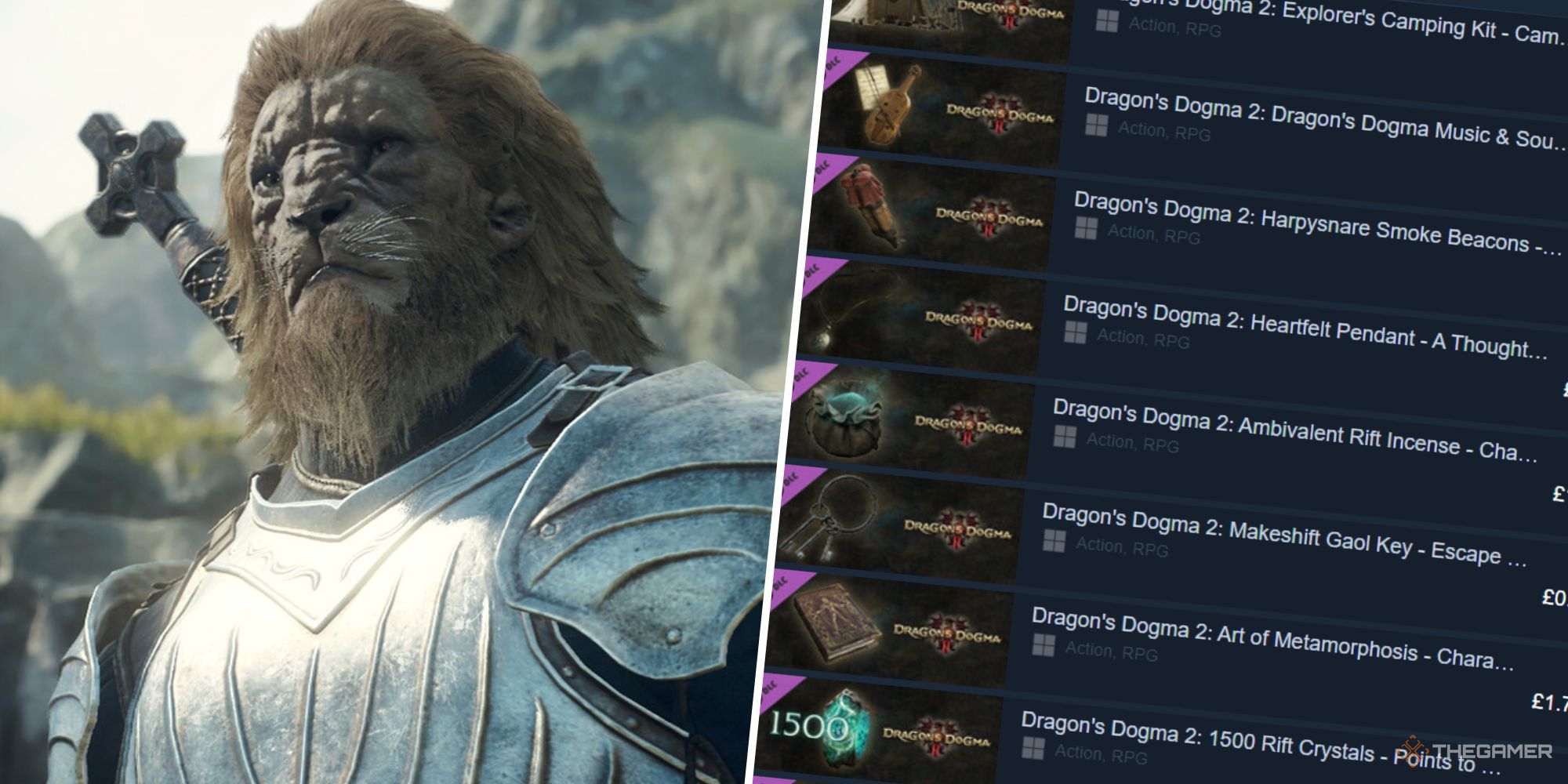 Left: A lion person in Dragon's Dogma 2, wearing armour. Right: The Steam store page for all of the paid DLC in Dragon's Dogma 2.