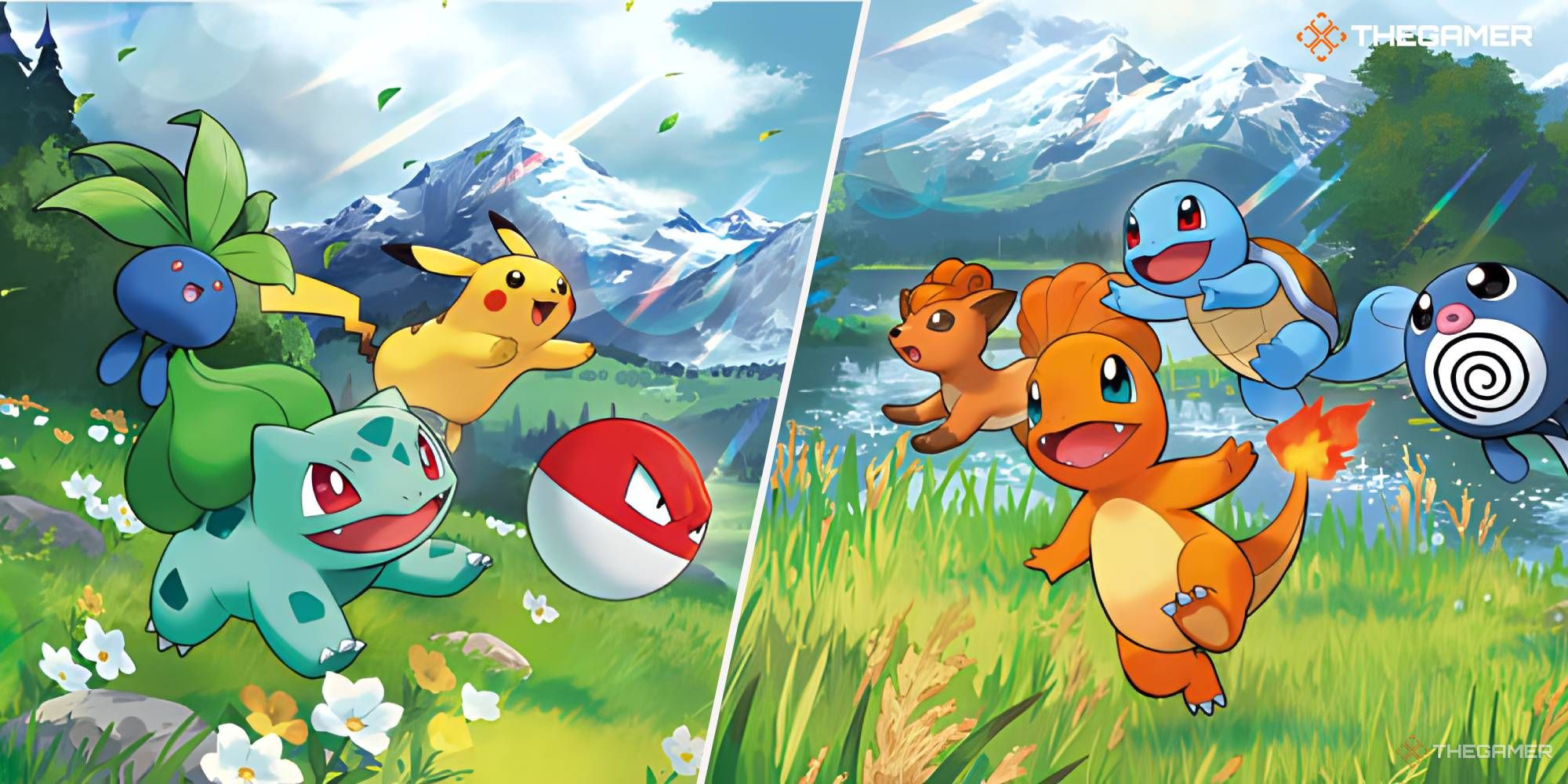 A variety of Pokemon frolicking in a field.