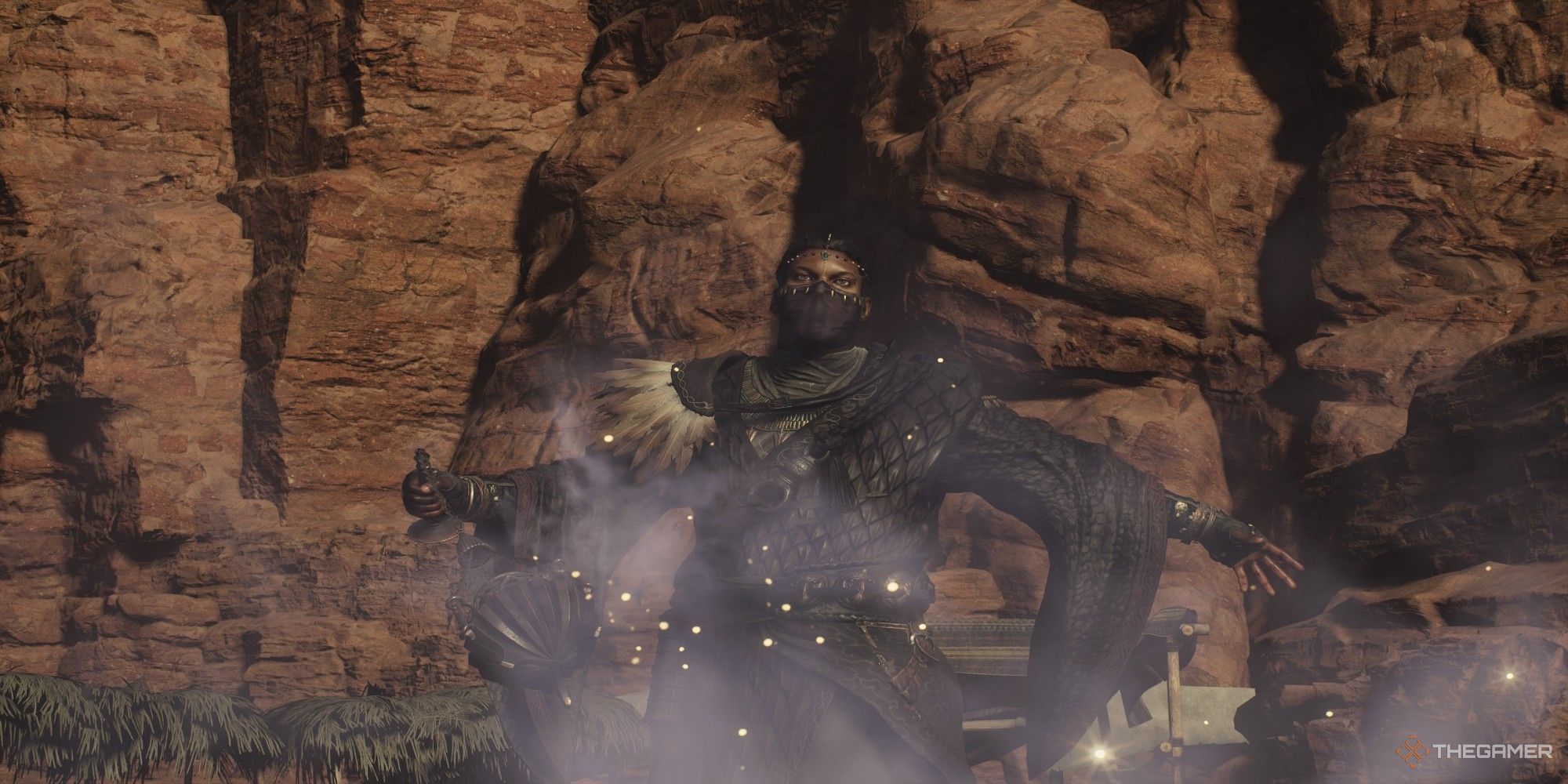 Up close shot of a Player Arisen as a Trickster and using their censure to cast a spell in Dragon's Dogma 2.