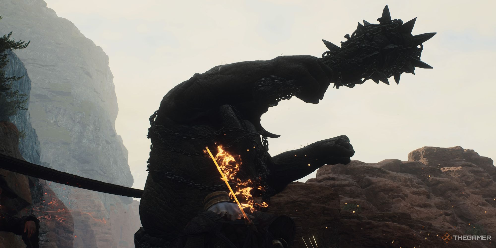 Player Arisen facing down an armored Cyclops as its swinging its club towards them in Dragon's Dogma 2.