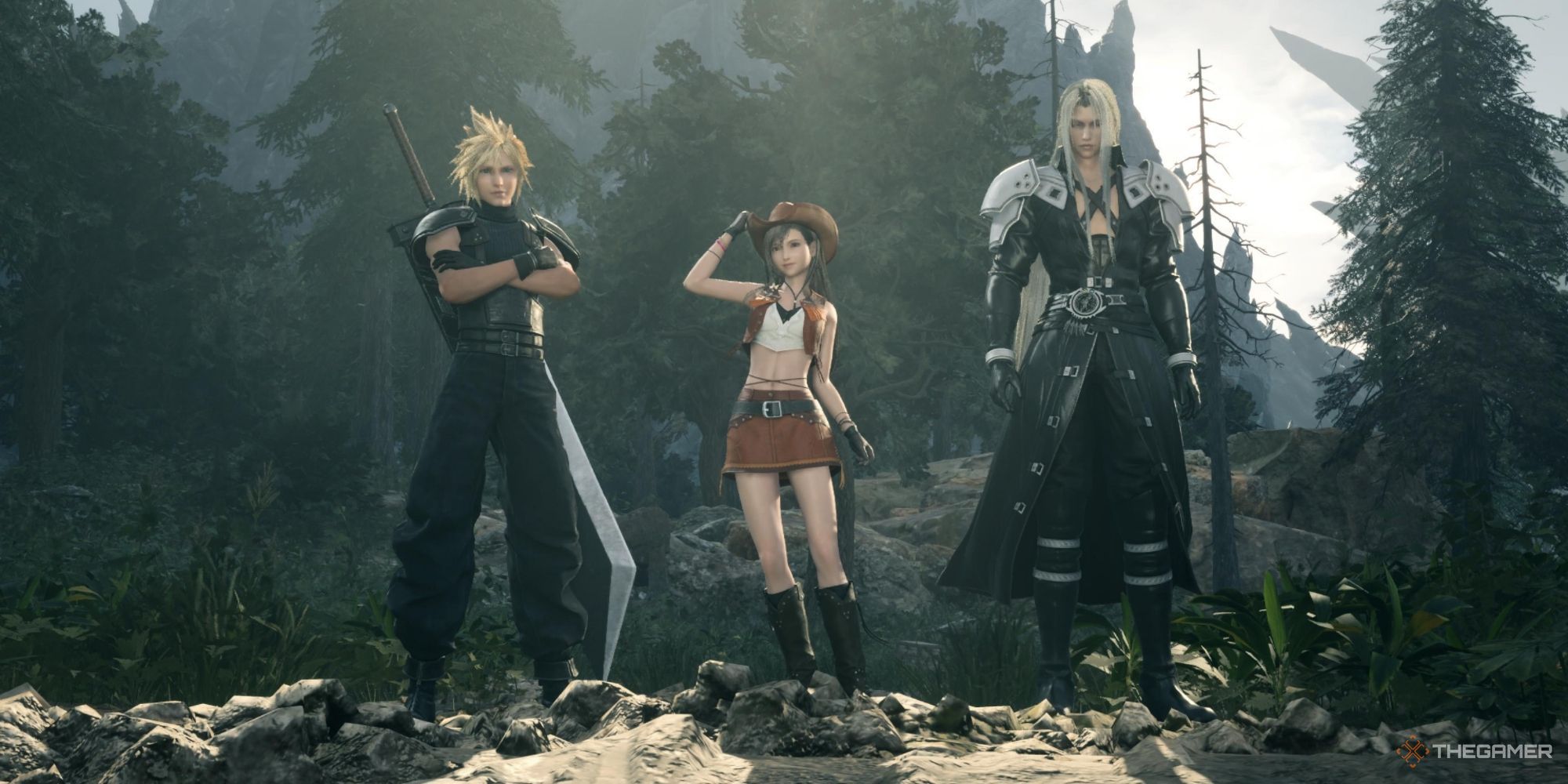 Final Fantasy 7 Rebirth Chapter 1 Cloud, Tifa, and Sephiroth pose outside Nibelheim