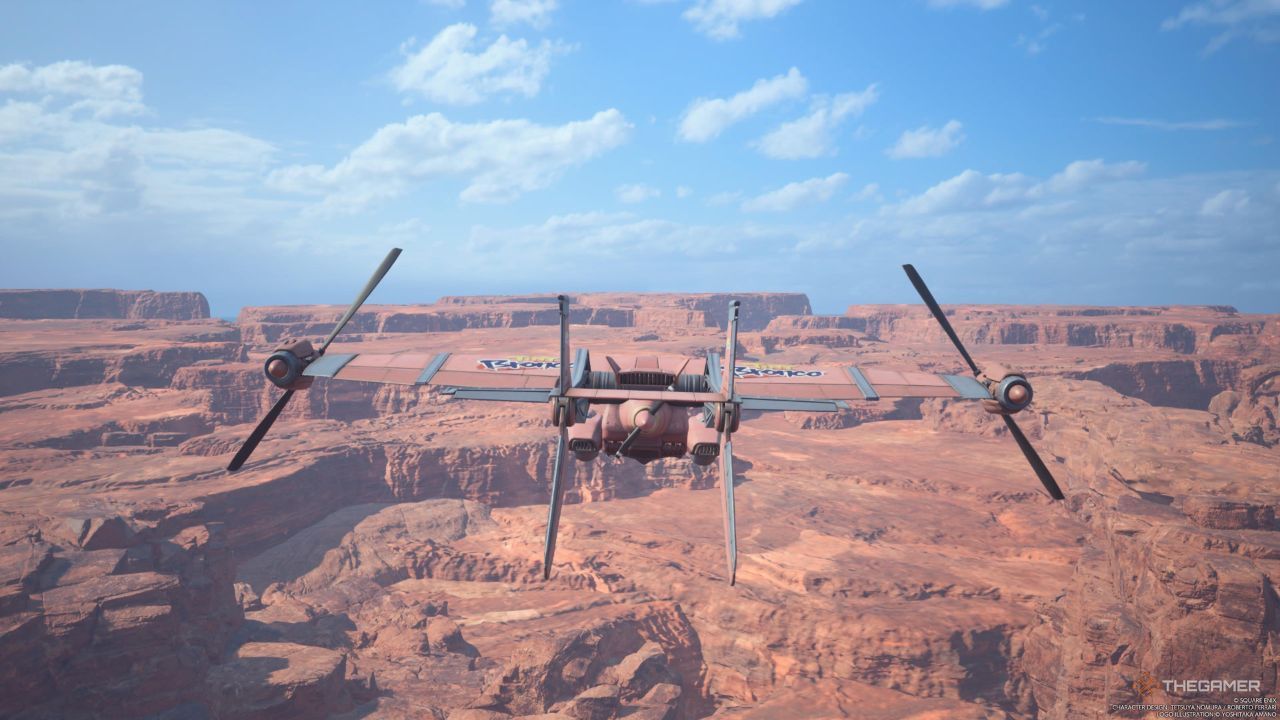 A player flying the Tiny Bronco over the Cosmo Canyon region in Final Fantasy 7 Rebirth