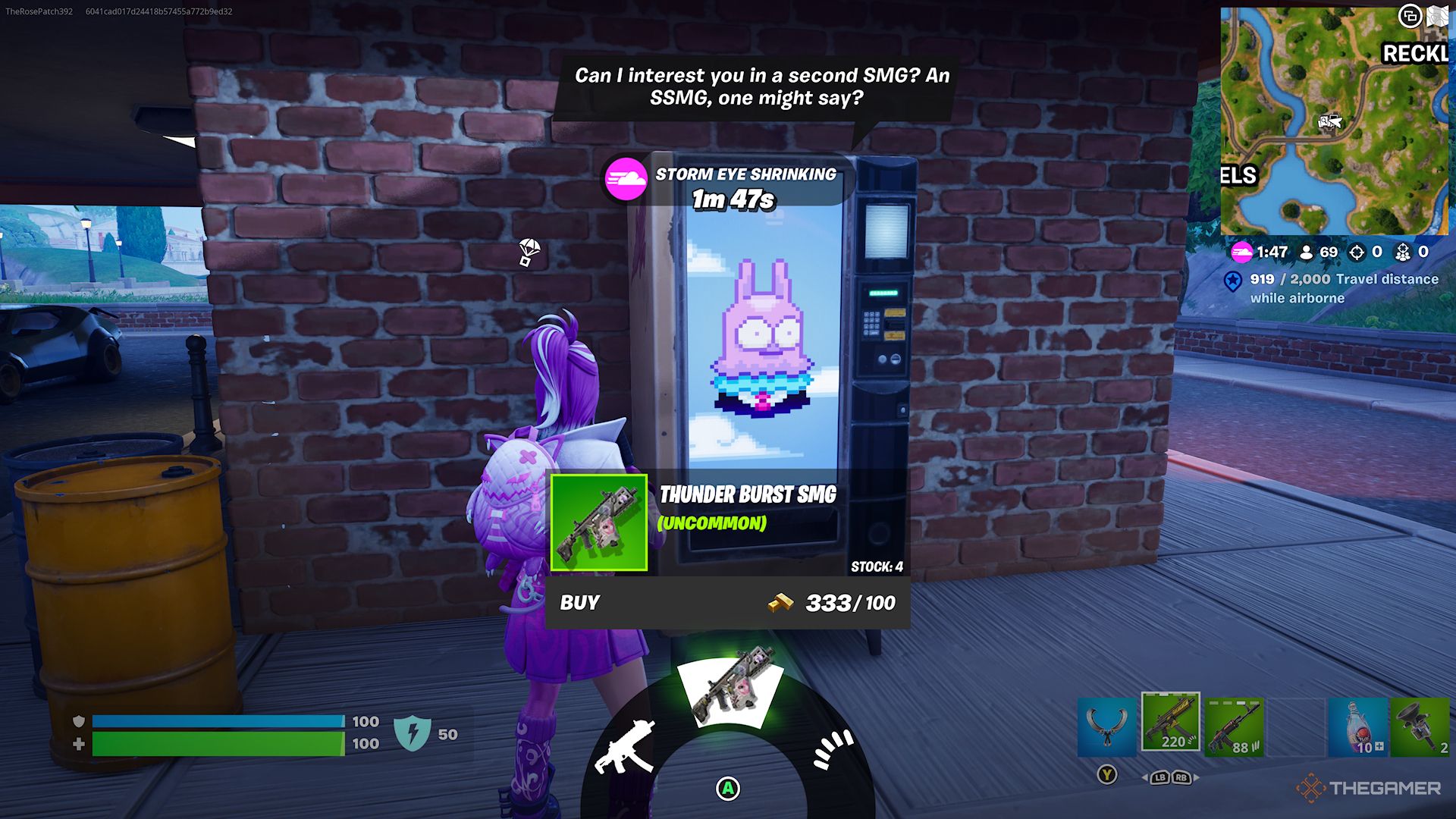 Buying items from a weapons vending machine in Fortnite Chapter 5 Season 2. 