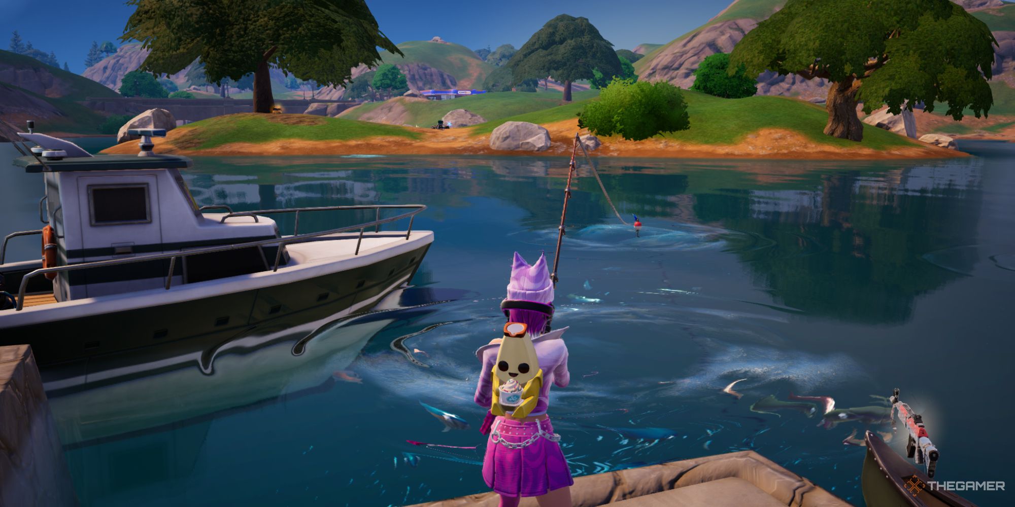 Fortnite avatar fishing during a match. A docked boat can be seen on the left of the image, and land with trees and bushes is viewable in the distance. 