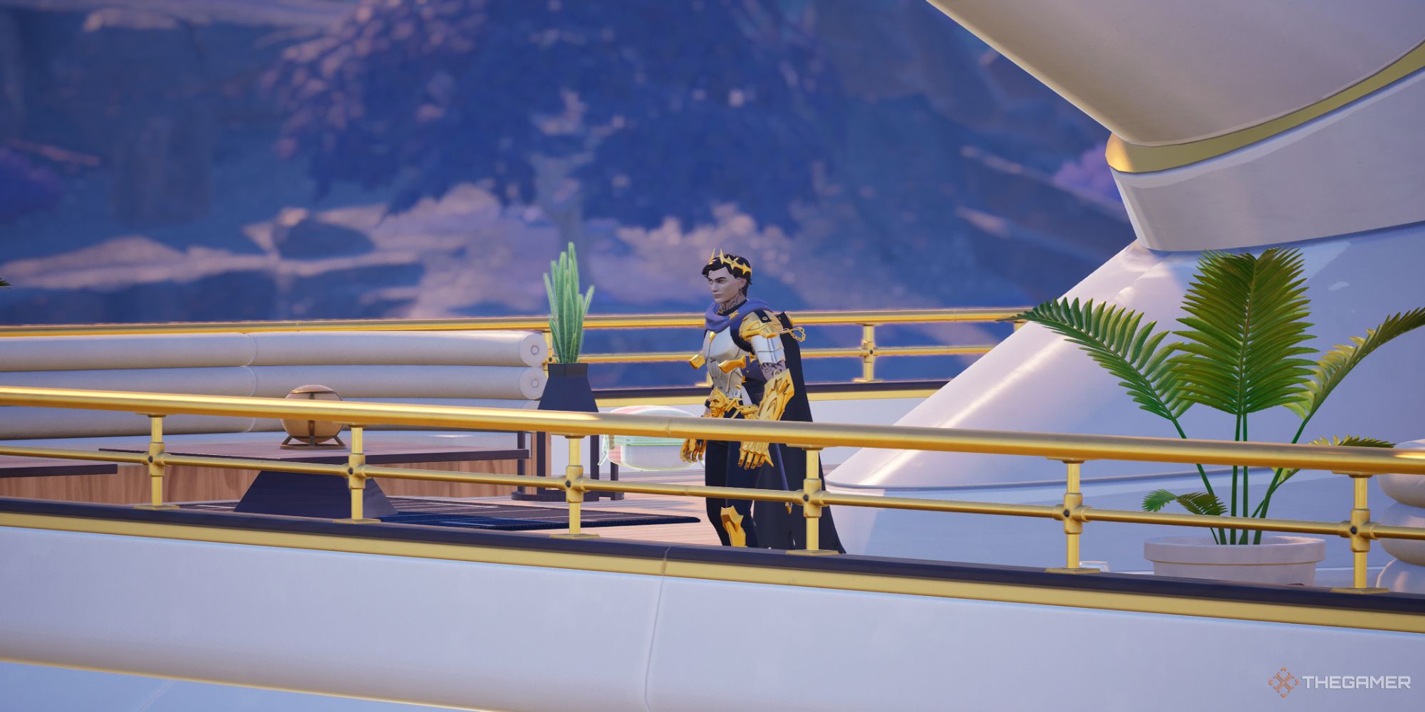 A screenshot from Fortnite Chapter Five Season Two showing Ascendant Midas looking out off the back of his ship away from the island.
