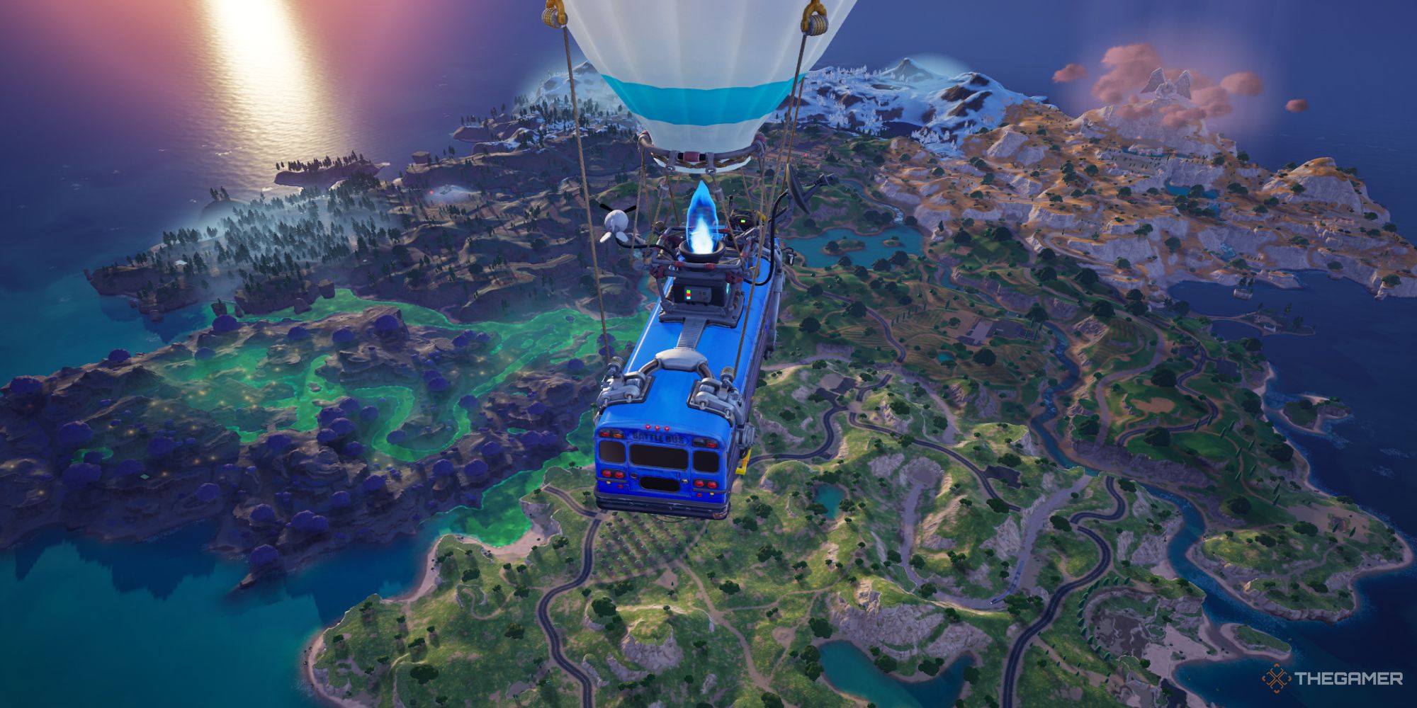 A screenshot from Fortnite showing the battle bus as it flies over the Chapter Five Season Two island, with both Mount Olympus and The Underworld visible from above.