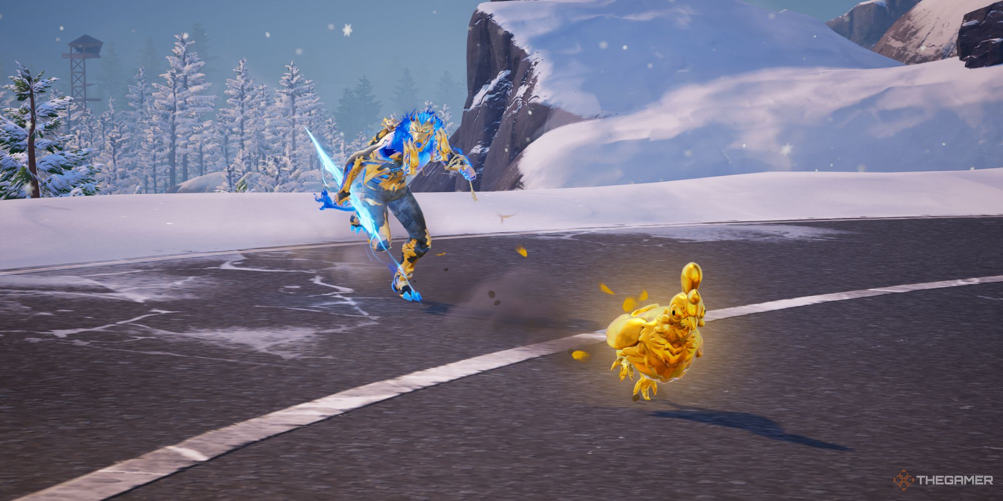 A screenshot from Fortnite Chapter Five Season Two showing a Golden Cerberus chasing after a chicken while holding the Thunderbolt of Zeus Mythic