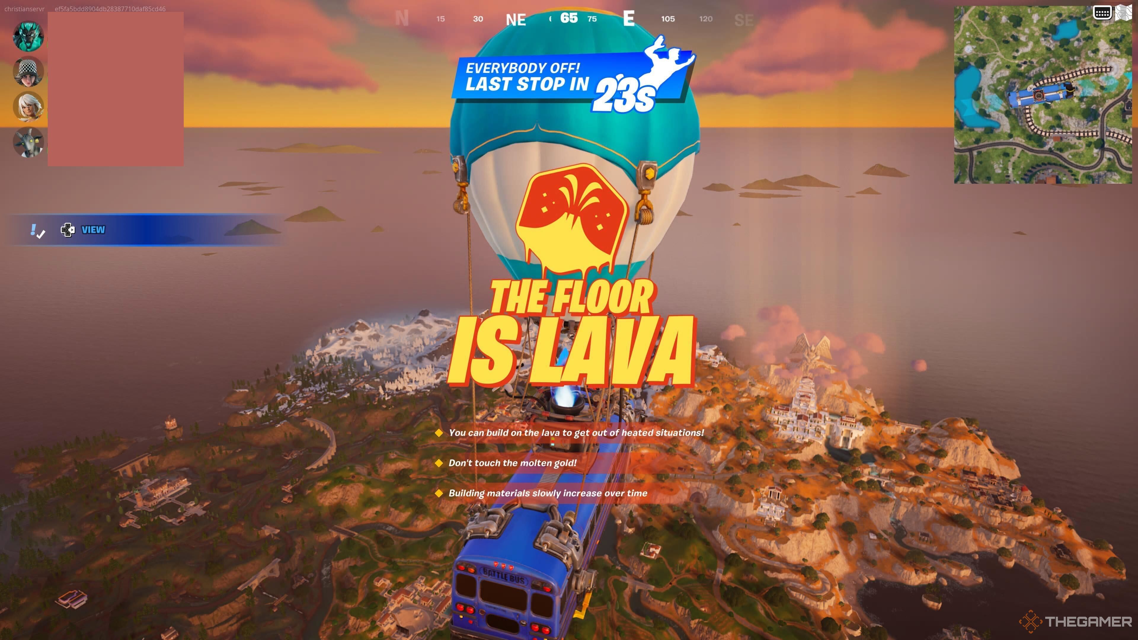 A screenshot from Fortnite Chapter Five Season Two's LTM Event, Midas Presents: The Floor Is Lava' with text reading that players can build on the lava, not to touch the molten gold, and building materials will increase over time.
