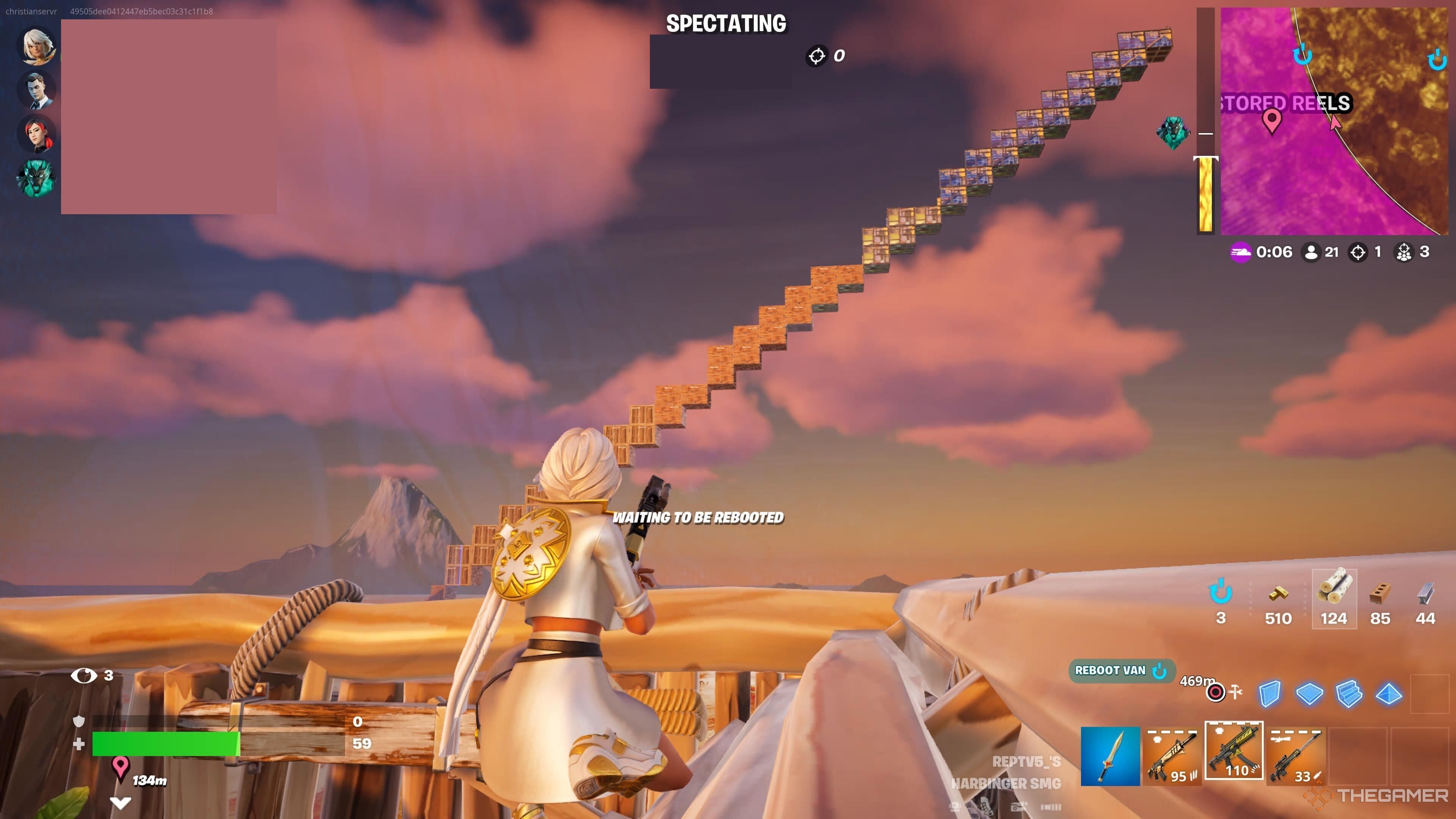 A screenshot from Fortnite Chapter Five Season Two showing the player character standing on a wooden structure while looking at a very tall stair-like structure that's built high above the golden lava.