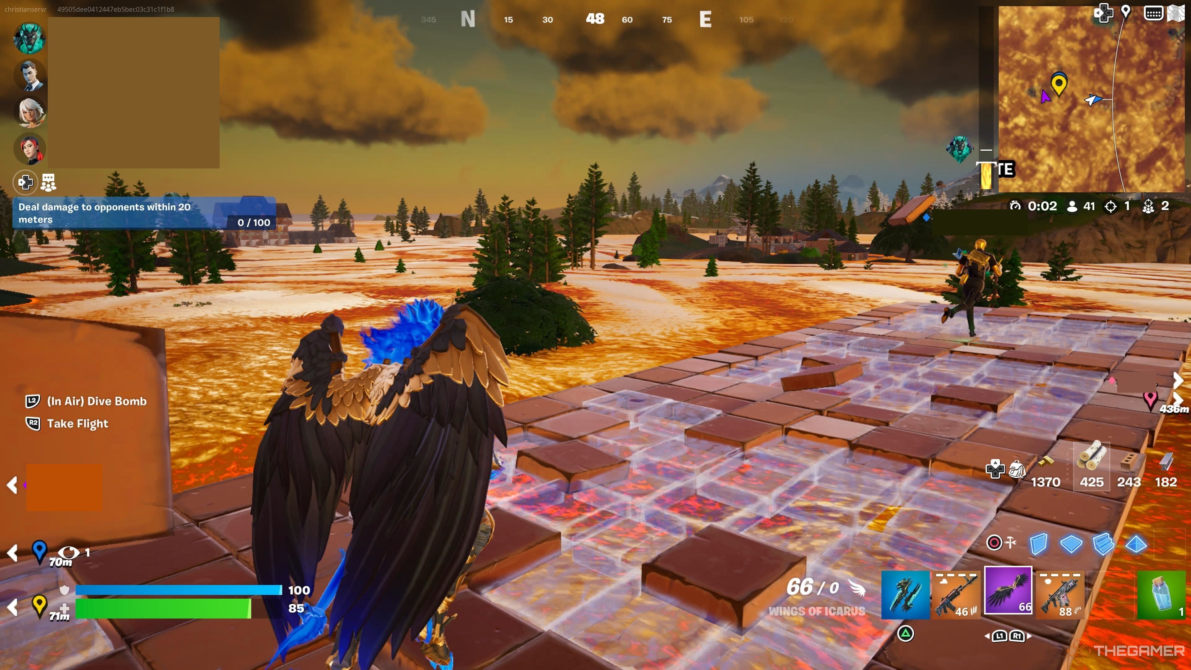 A screenshot from Fortnite showing the player character standing on a brick platform being built by an ally over the rising molten gold mixture.