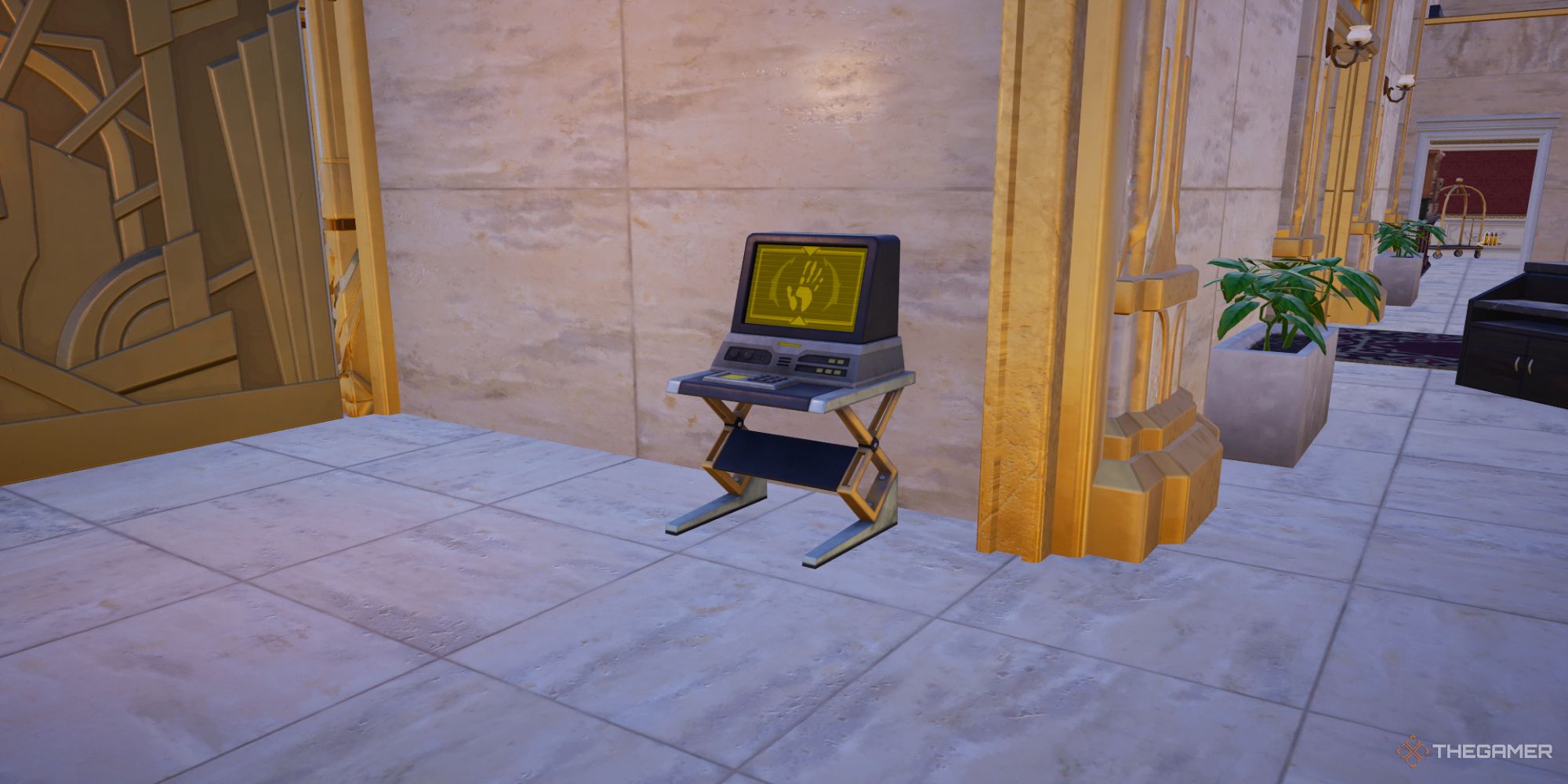 A screenshot from Fortnite Chapter Five Season Two showing a terminal with a golden handprint on it in an elegant marble and gold room.