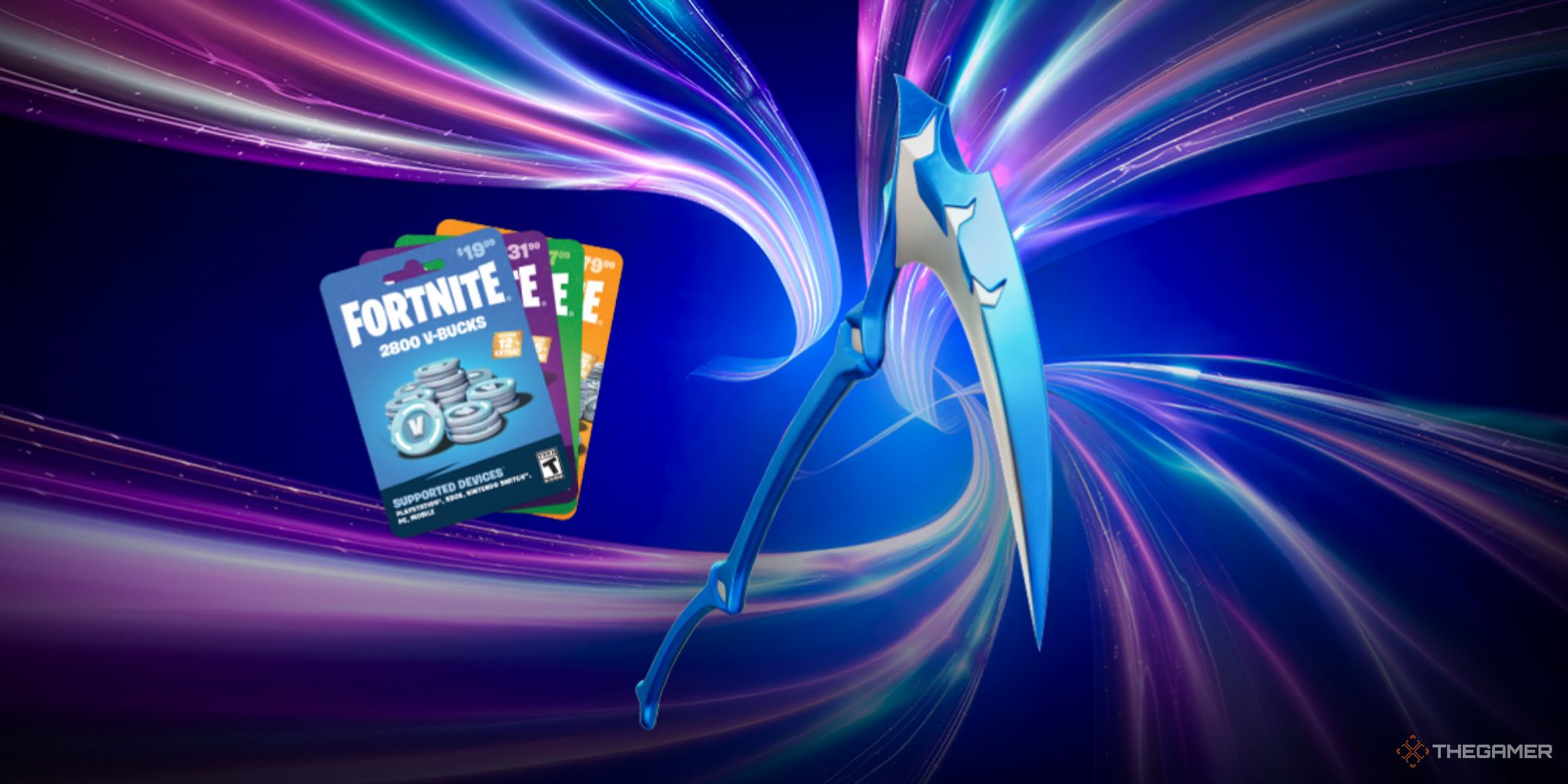 A screenshot from Fortnite's webpage showing V-bucks cards and a blue metal scythe.