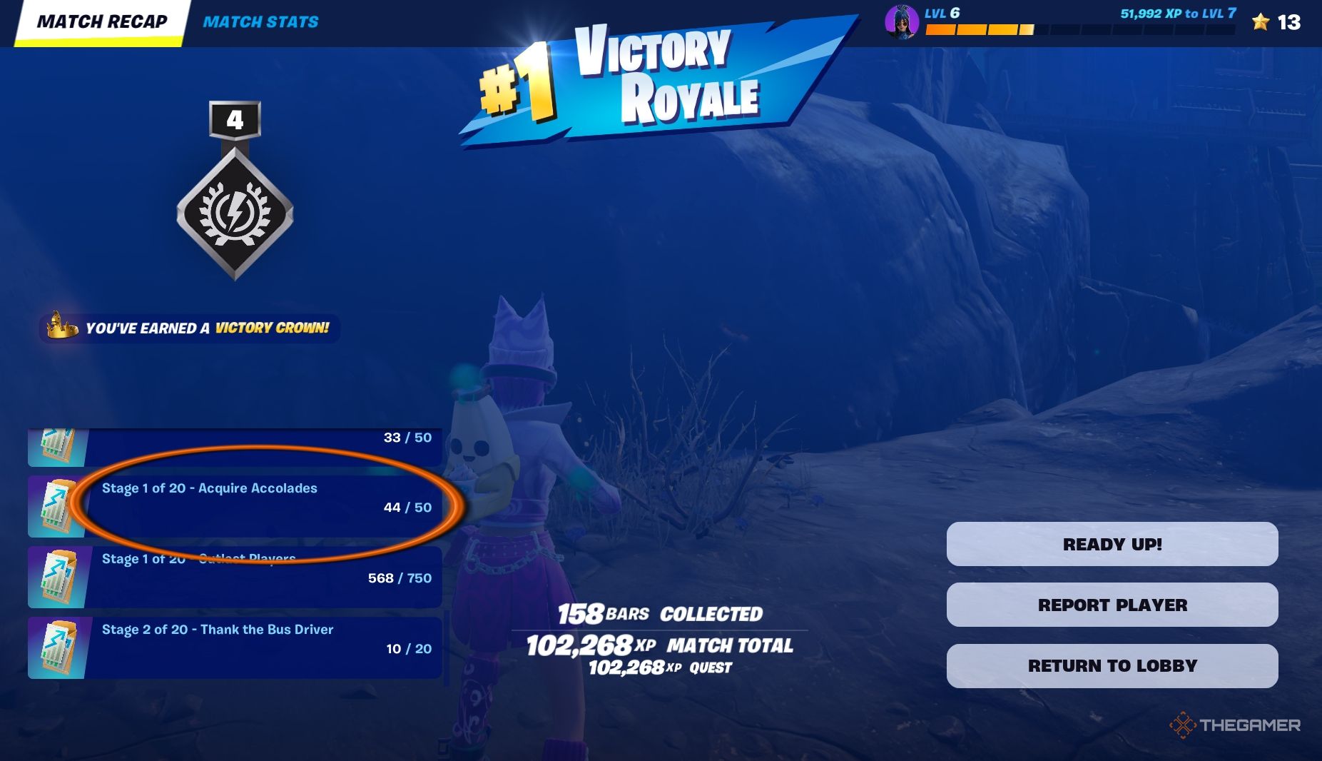 Fortnite end-match screen with Accolade points circled in orange and displayed on the left side of the image.