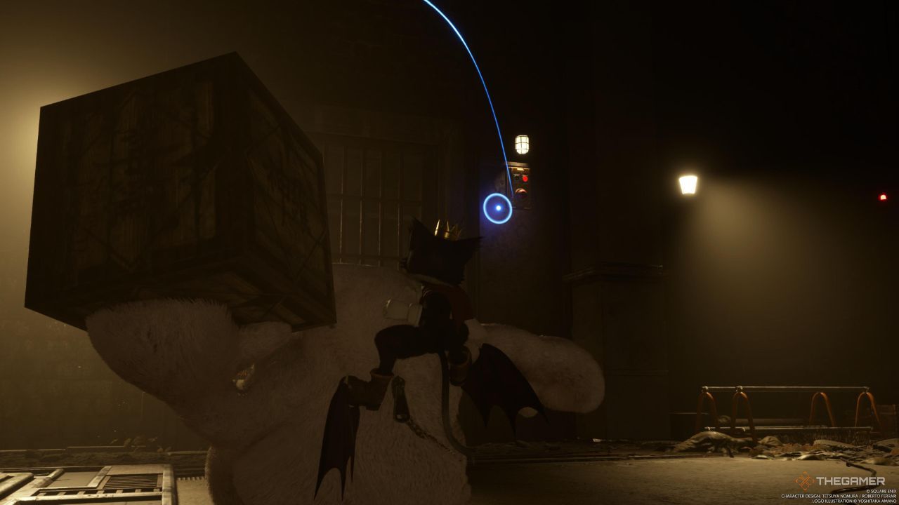 A player throwing a box at the switch near Aerith and Barret&rsquo;s cell in Final Fantasy 7 Rebirth.