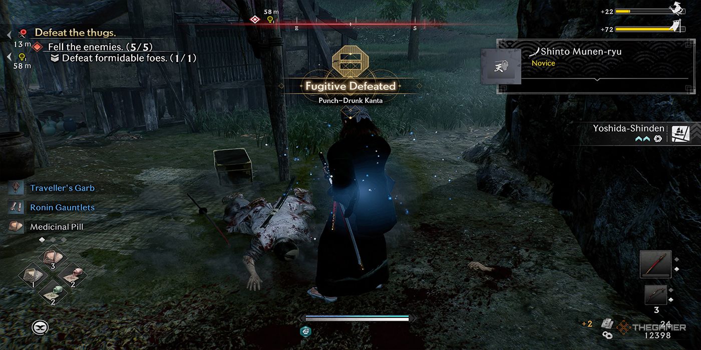 The protagonist stands in front of the dead body of a fugitive, Punch-Drunk Kanta, near an old shack at night in Rise Of The Ronin.