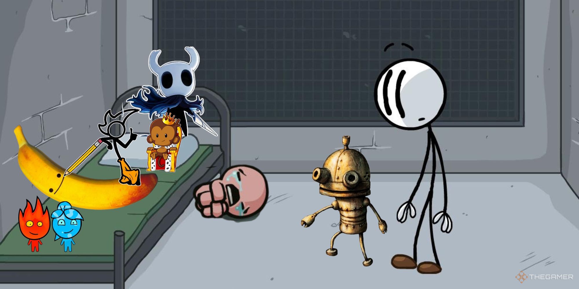 Henry Stickmin in prison, with Josef from Machinarium, Isaac Moriah, Pedro, Fireboy, Watergirl, Hollow Knight, Fancy Pants, and the Bloons monkey chilling around the room