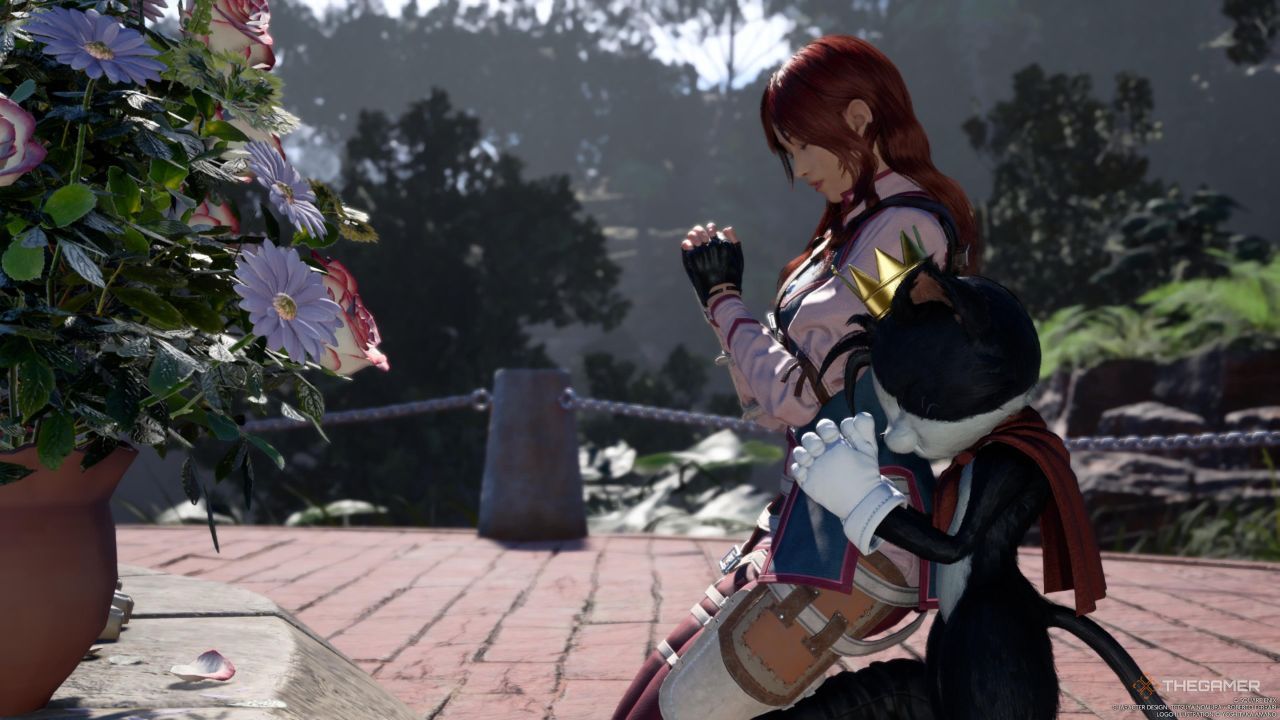 Cait Sith and Cissnei praying at the top of Gongaga&rsquo;s Monument Hill in Final Fantasy 7 Rebirth.