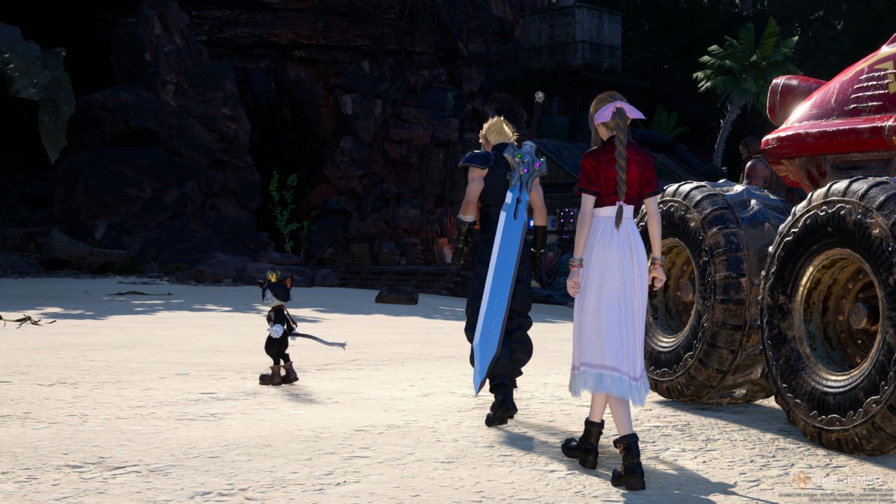 Cait Sith, Cloud and Aerith walking along the Gongaga region beach in Final Fantasy 7 Rebirth.
