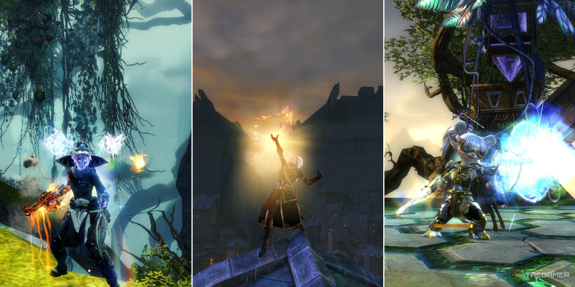 Guild Wars 2 collague showing an elementalist, a thief and a guardian player
