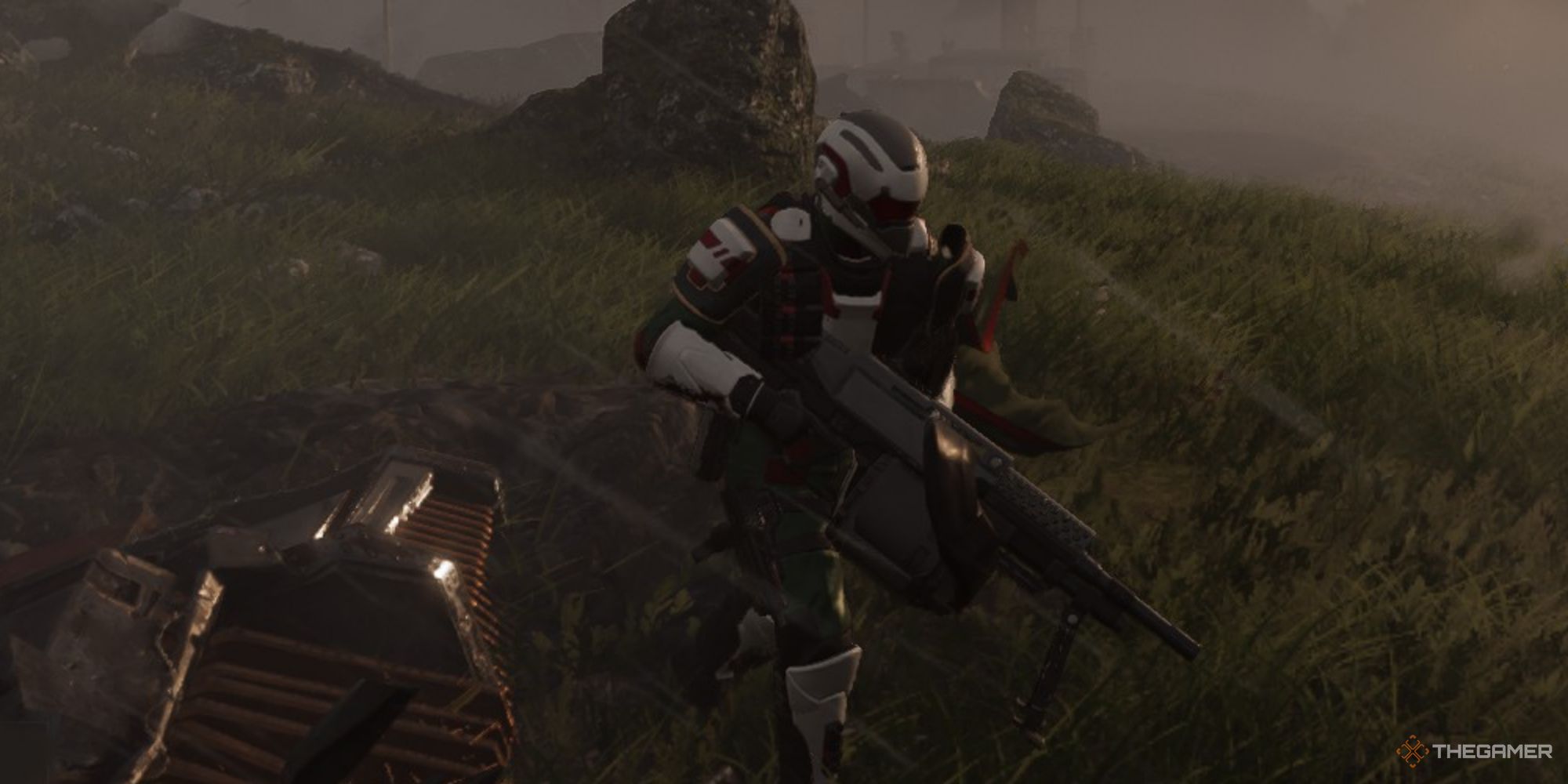 A screenshot from Helldivers 2 showing the player character running while holding the MG-206 Heavy Machine Gun.
