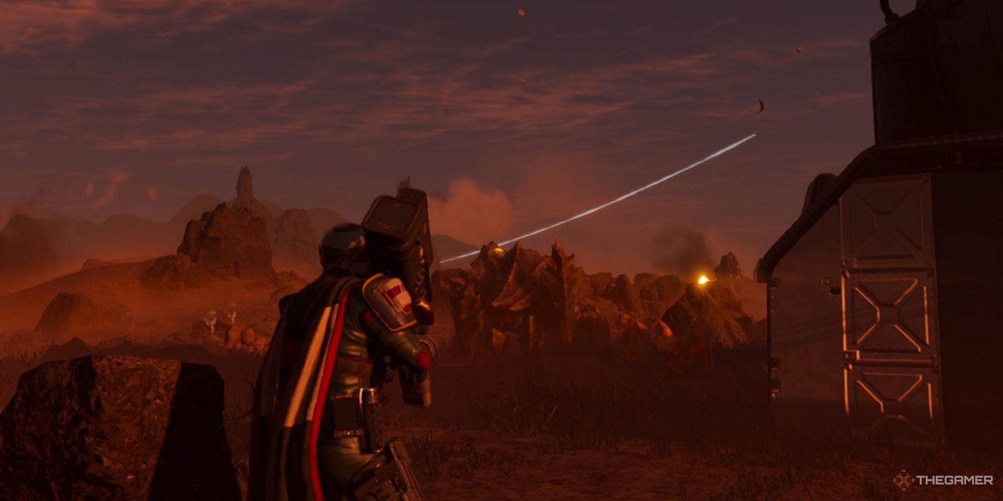 A screenshot from Helldivers 2 showing the player character holding a Quasar Cannon as the Charger runs at them.