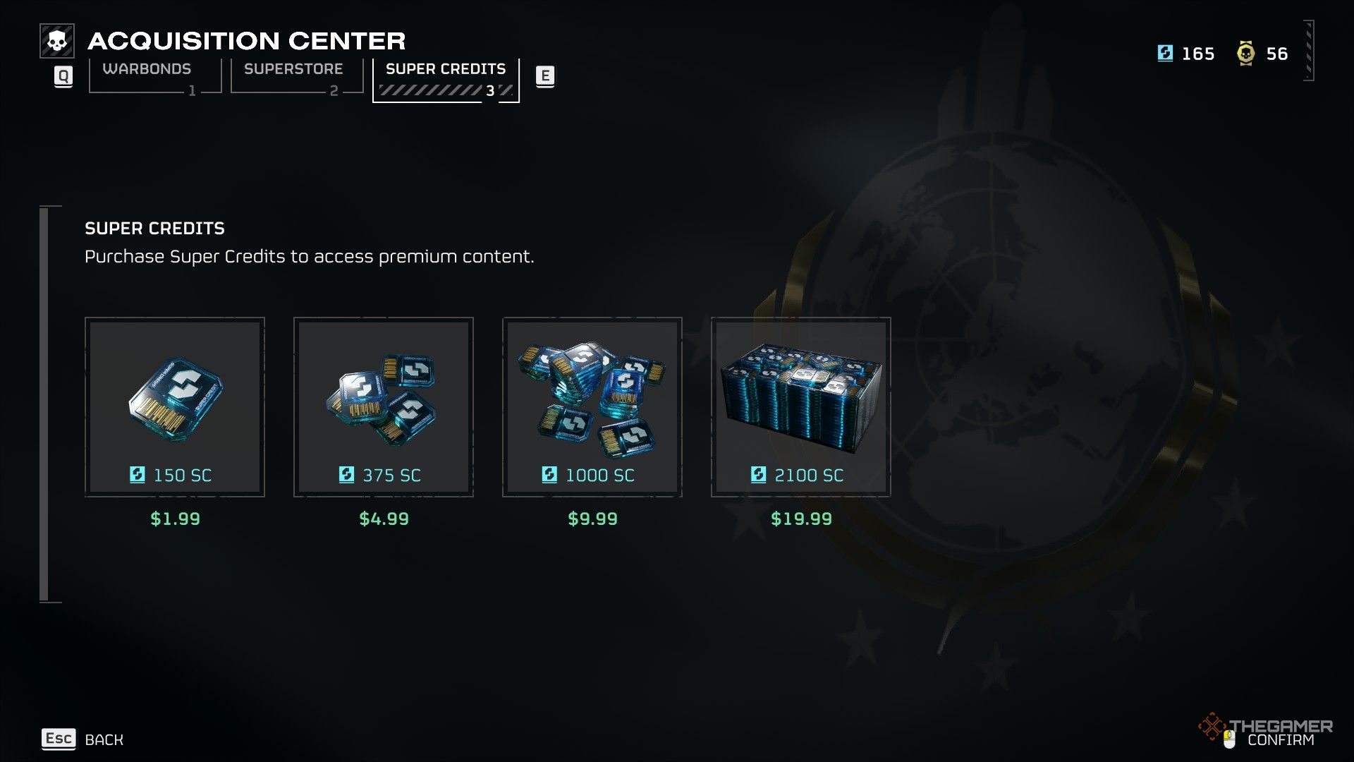 A screenshot from Helldivers 2 showing the Super Credit storefront, with Credit bundles ranging from 150 SC to 2100 SC.