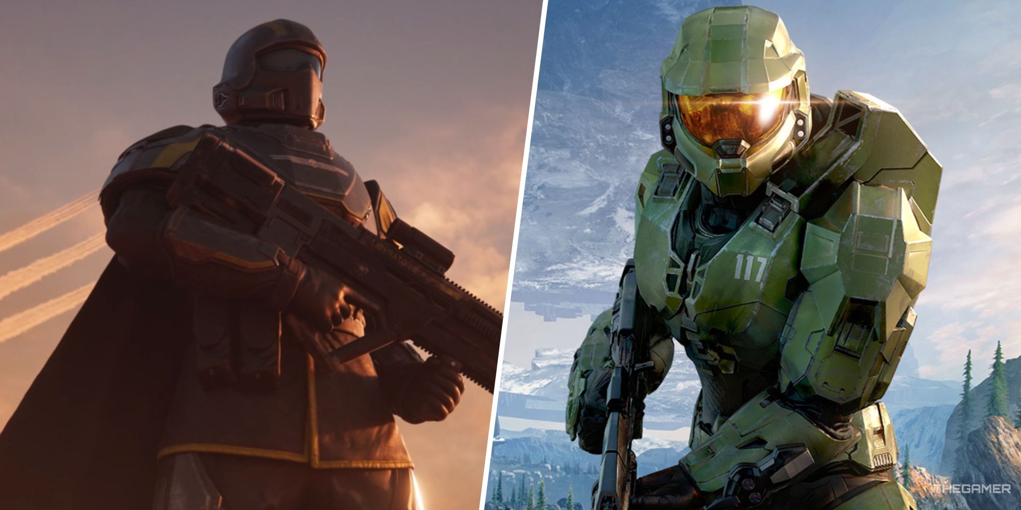 Left: a screenshot of a player character from Helldivers 2, in dark futuristic armour and a cape. Right: Master Chief from Halo: Infinite, in green futuristic armour.