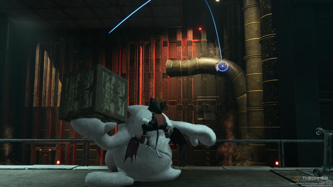 A player throwing a box at the pipe blocking an elevator&rsquo;s path in Final Fantasy 7 Rebirth.