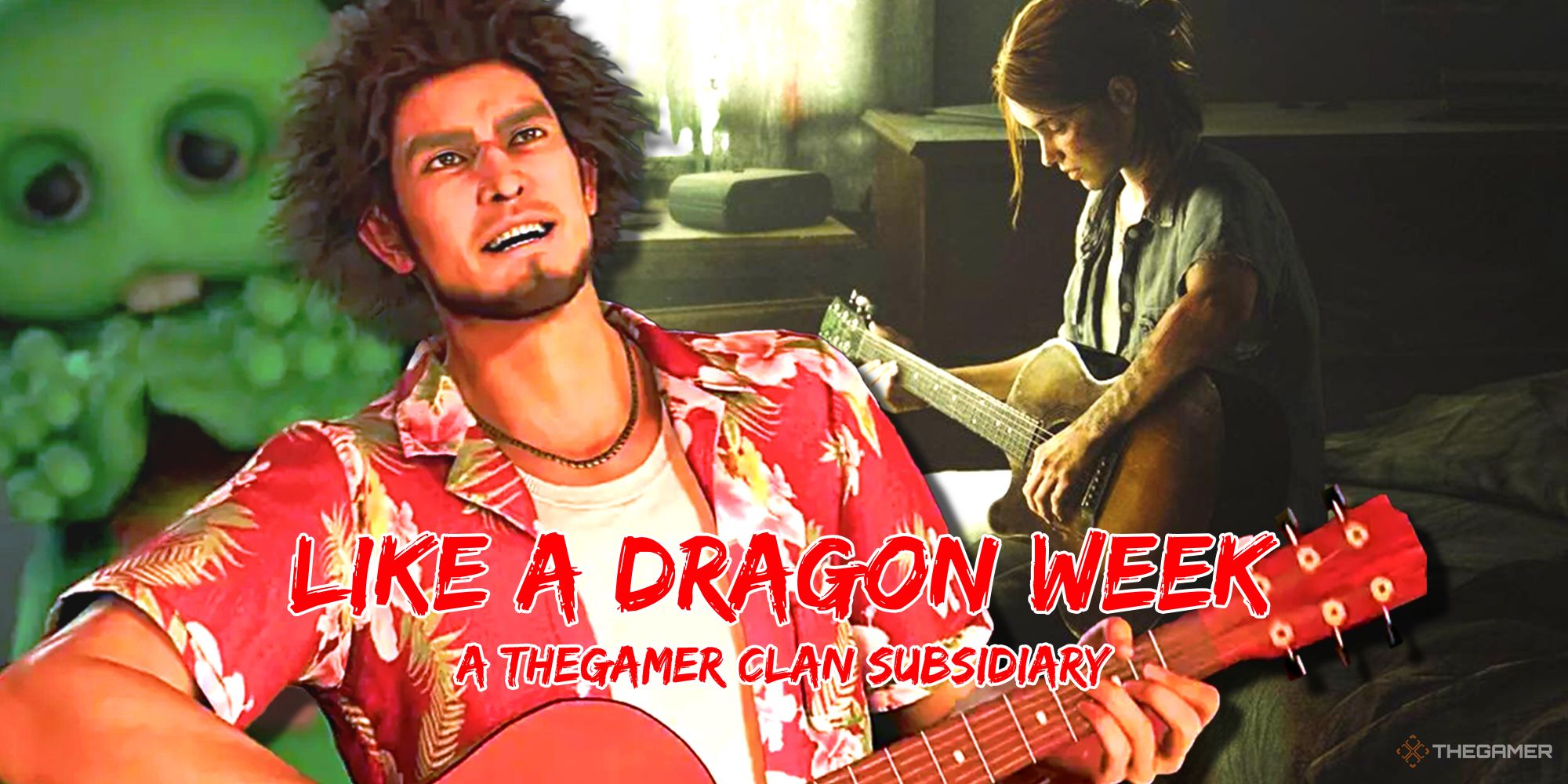 Ichiban from Yakuza Like A Dragon and Ellie from The Last of Us both playing guitar
