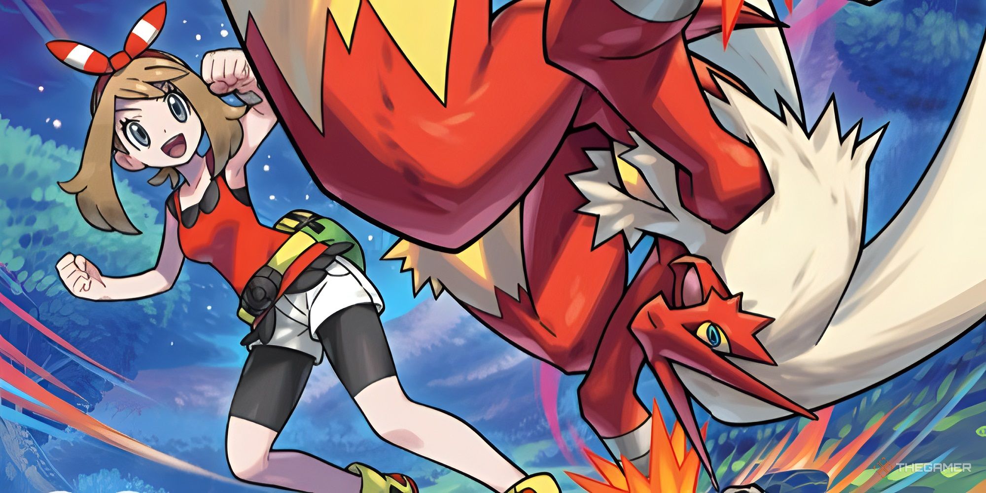 Blaziken using Fire Spin while May cheers from behind.