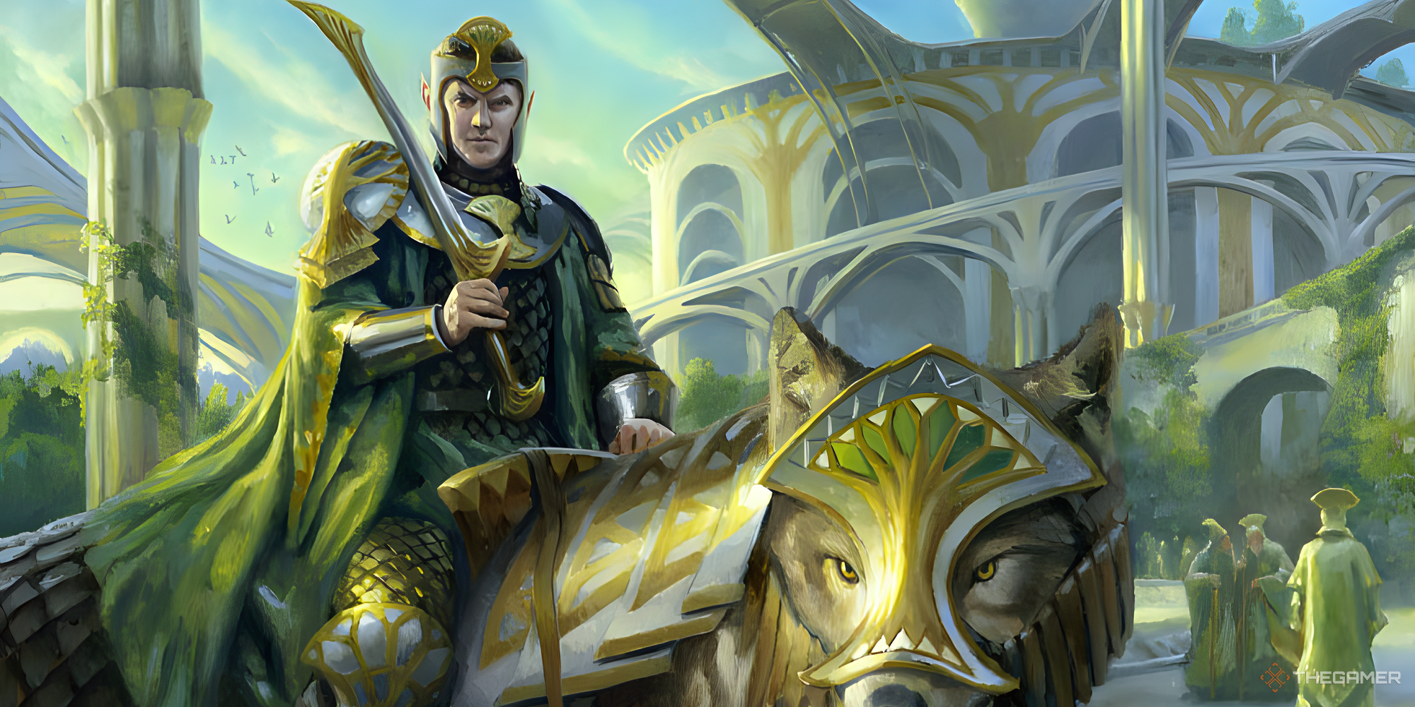An armored elf atop an armored wolf.