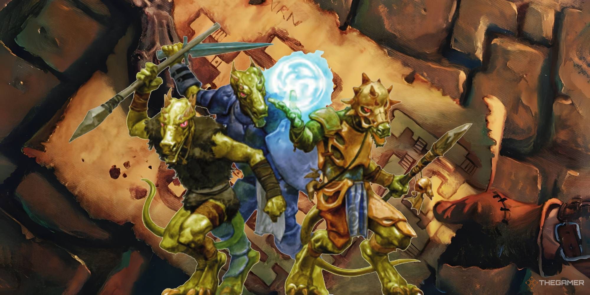 A trio of armed kobolds superimposed over a dungeon map