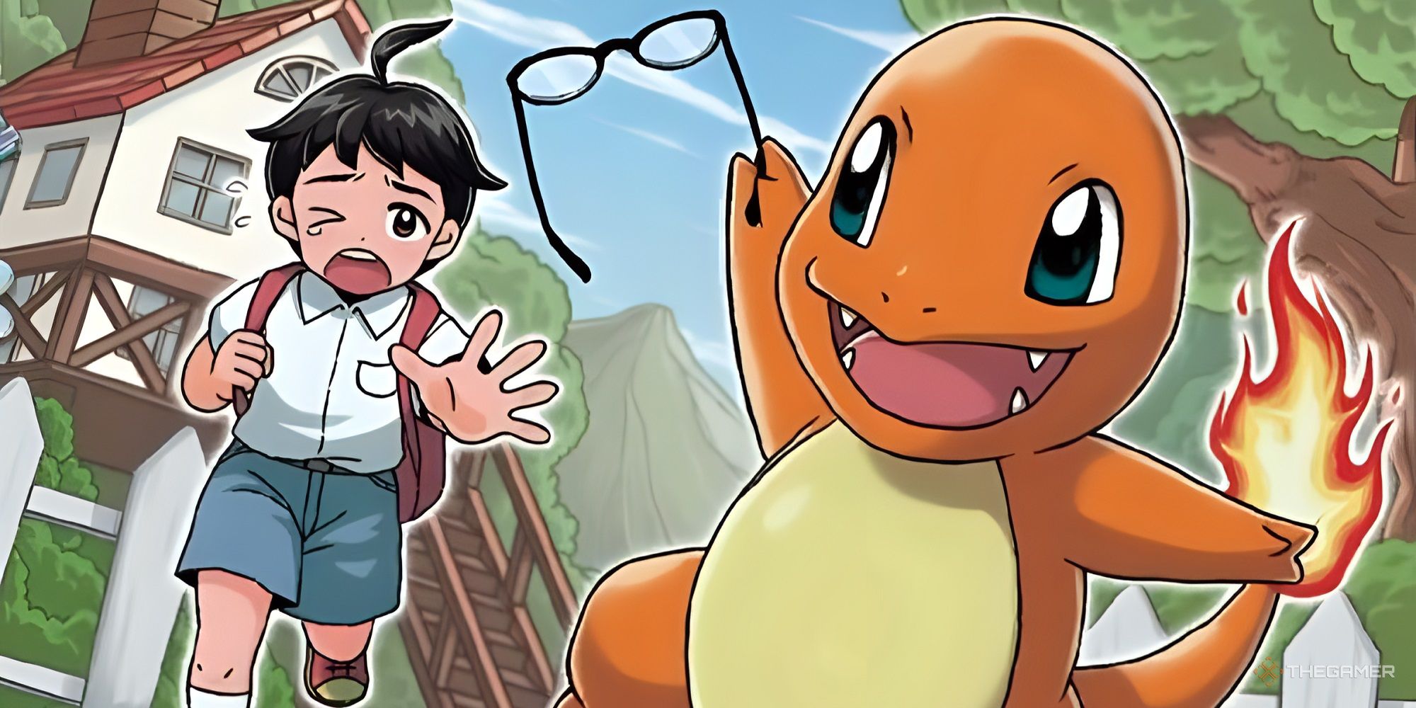 Charmander playfully stealing a young boy&rsquo;s glasses.