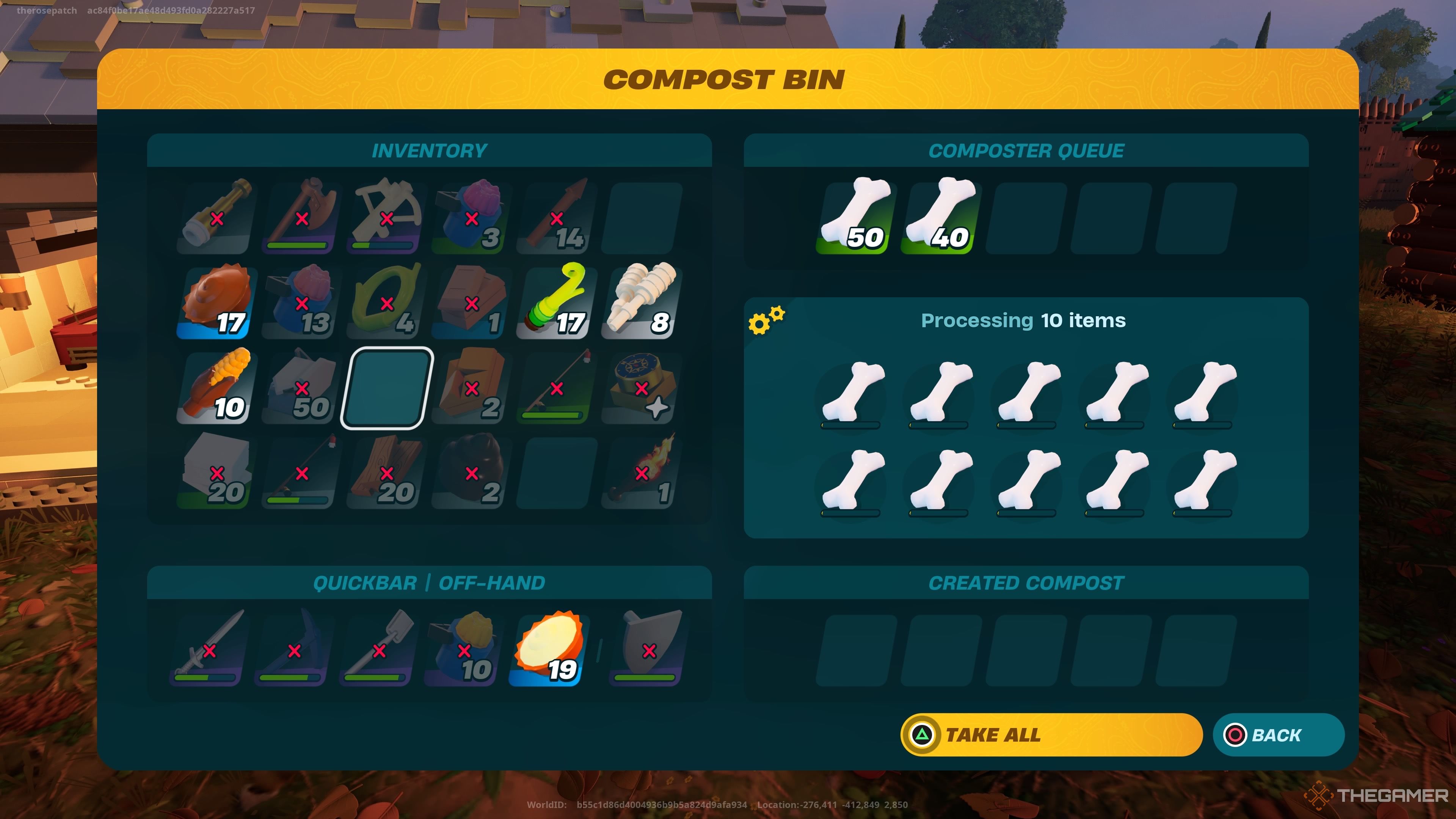 Using the Compost Bin Menu to process bones into compost in Lego Fortnite.