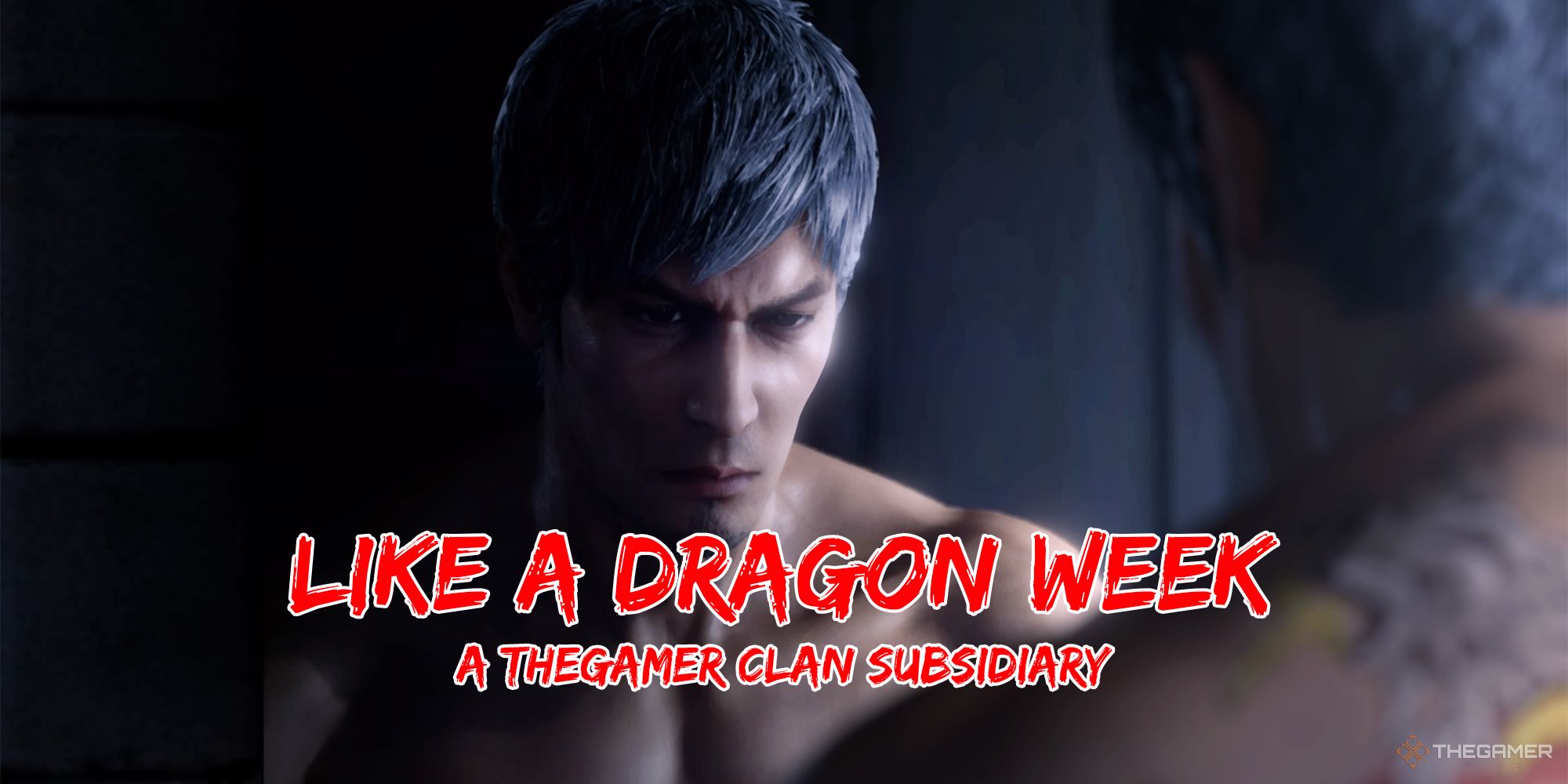 Kiryu looking into a mirror in Infinite Wealth with the Like a Dragon Week text overlaid on top.