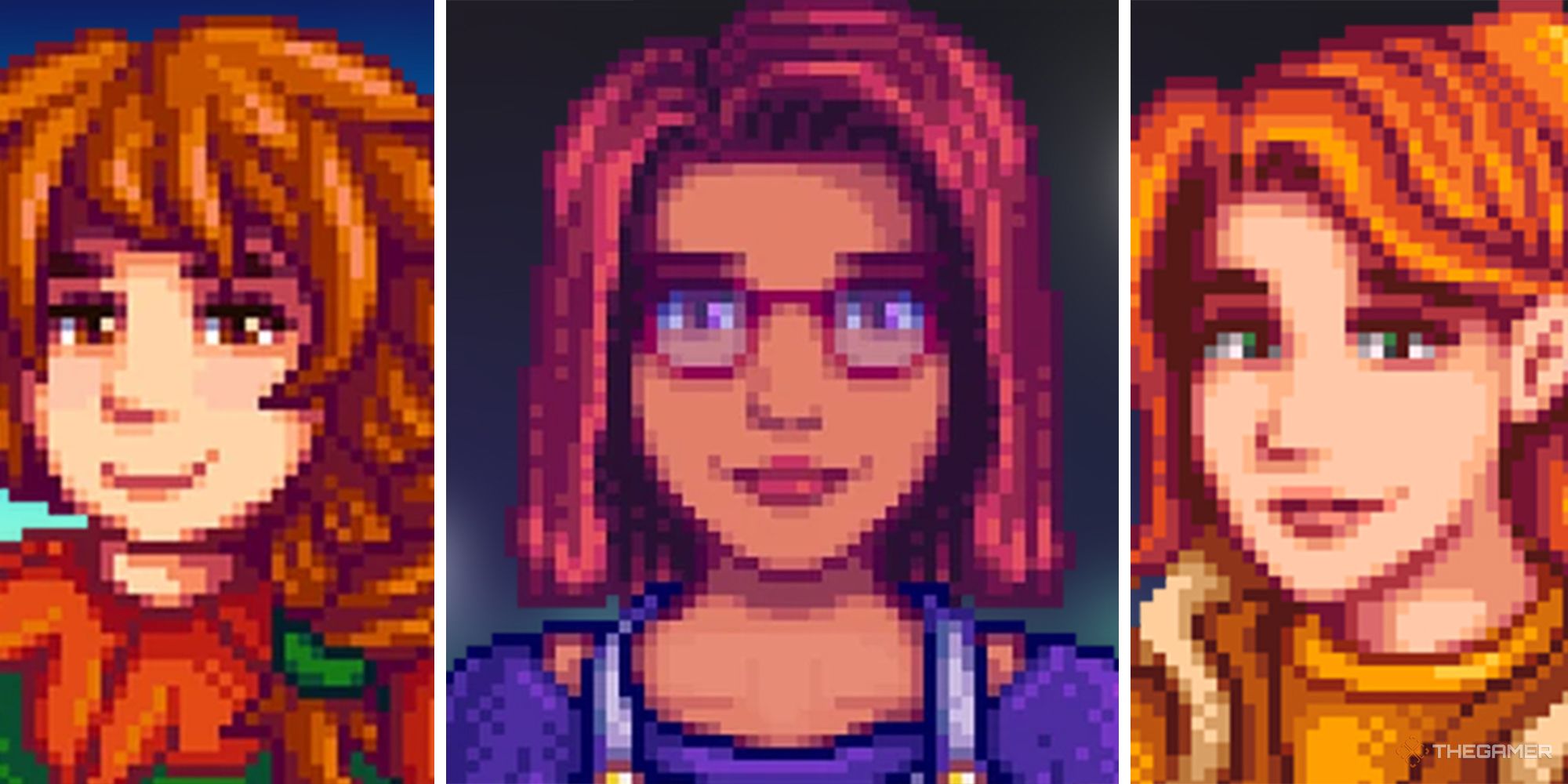 Marnie, Maru, And Robin over a blurred background of Stardew Valley