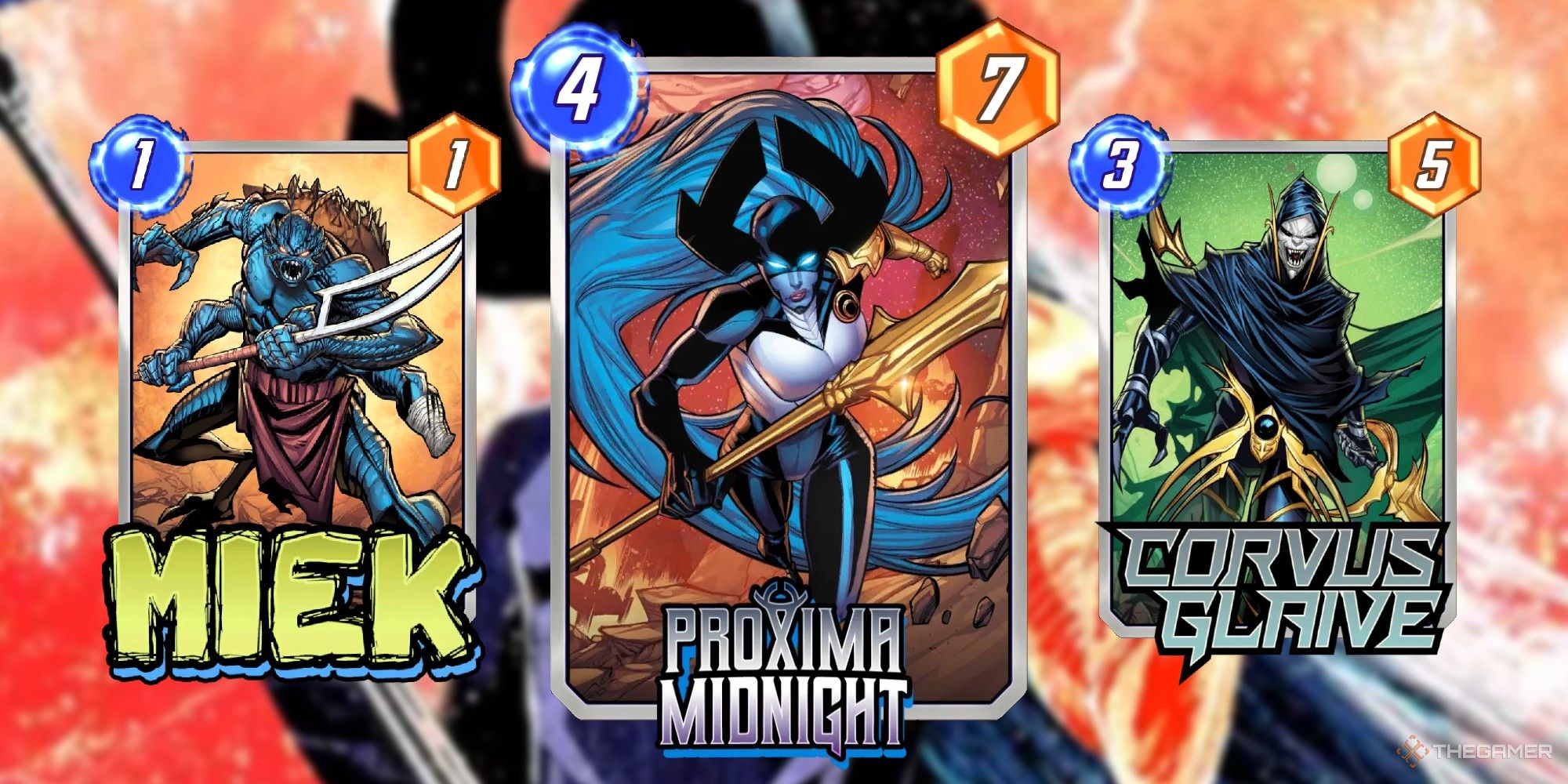 Marvel Snap Cards Miek, Proxima Midnight and Corvus Glaive