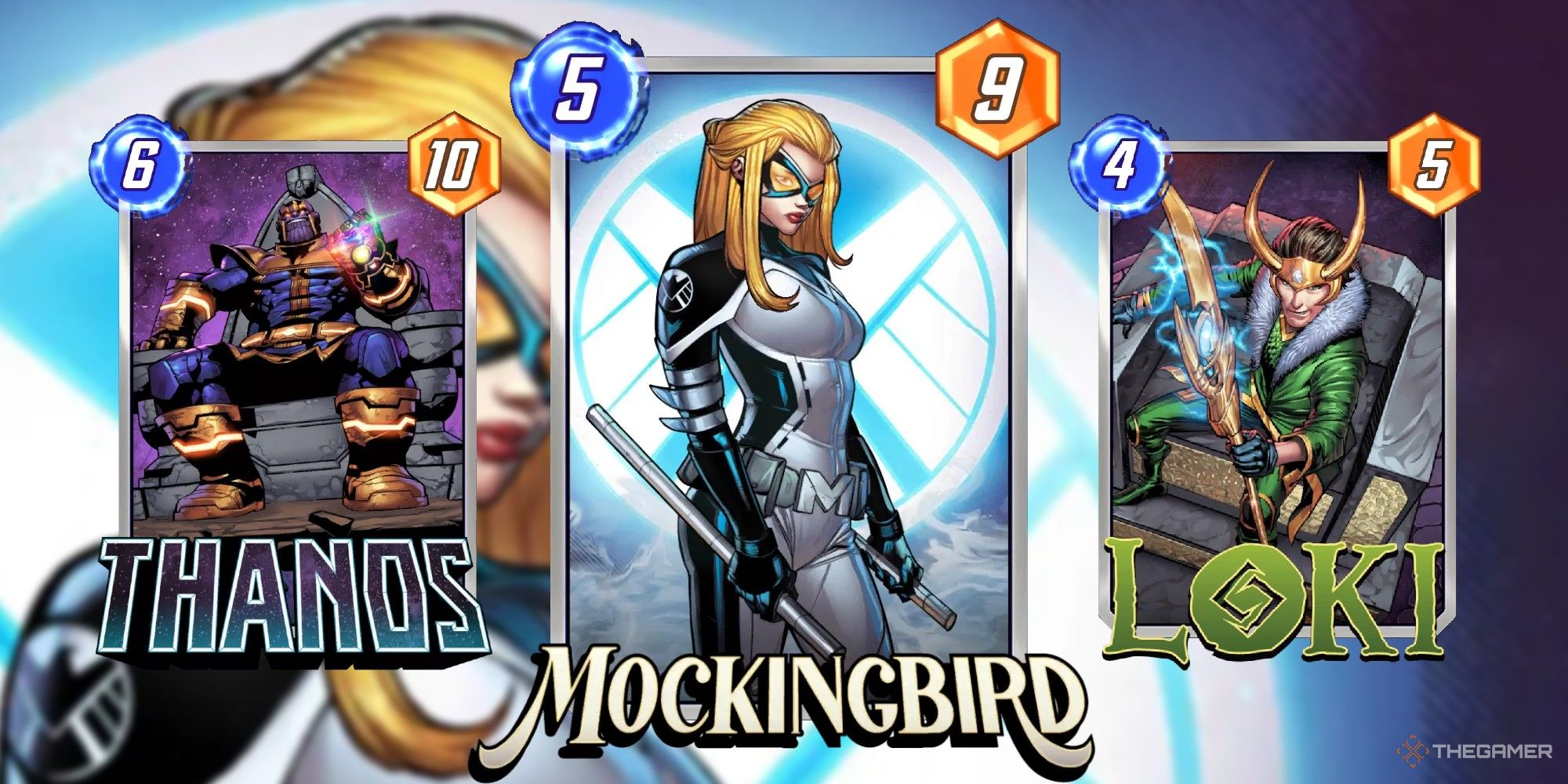 Marvel Snap cards Thanos, Mockingbird and Loki