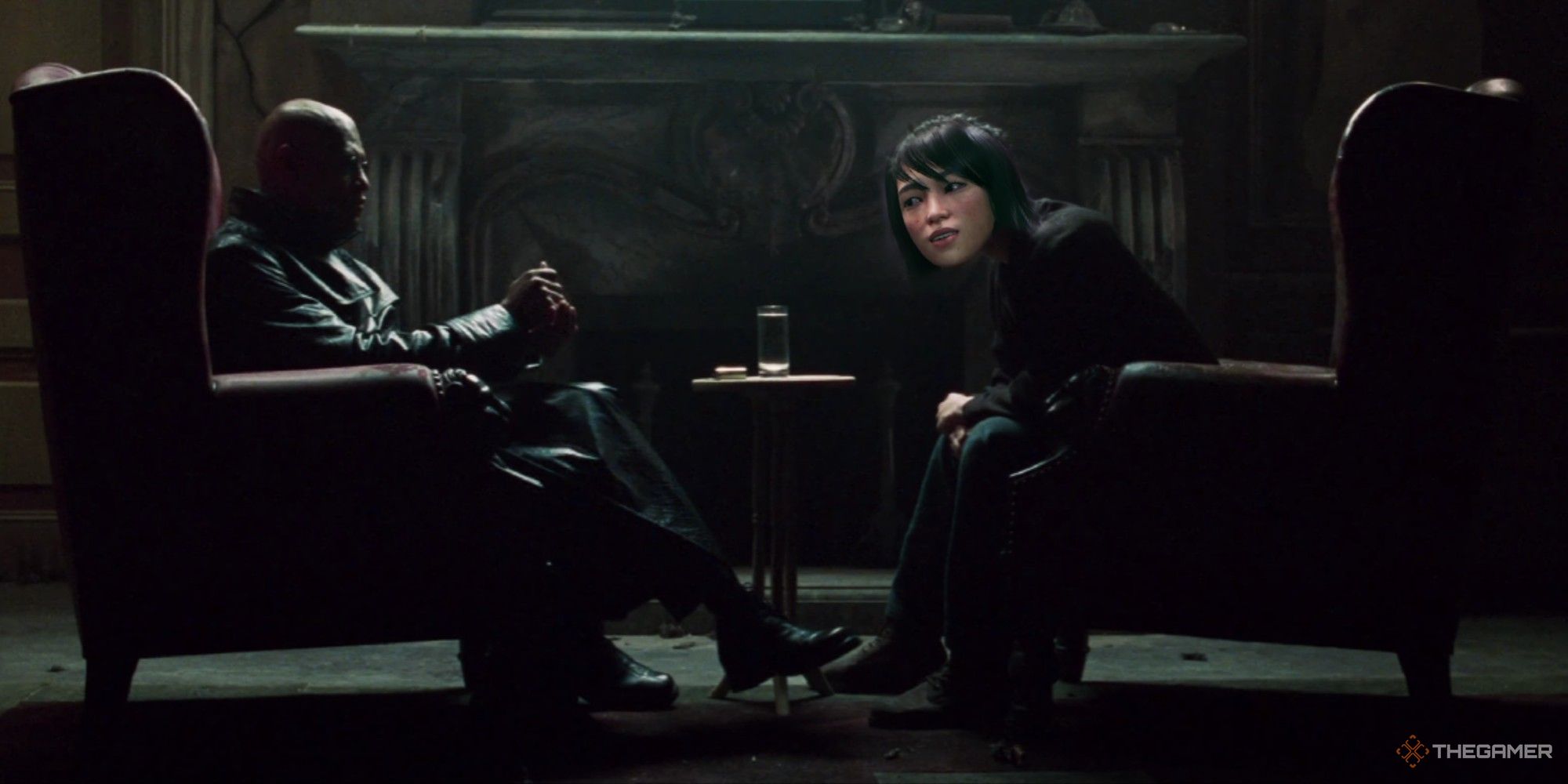 Matrix scene where morpheus offers the pill, with the face of cementine from remnant 2