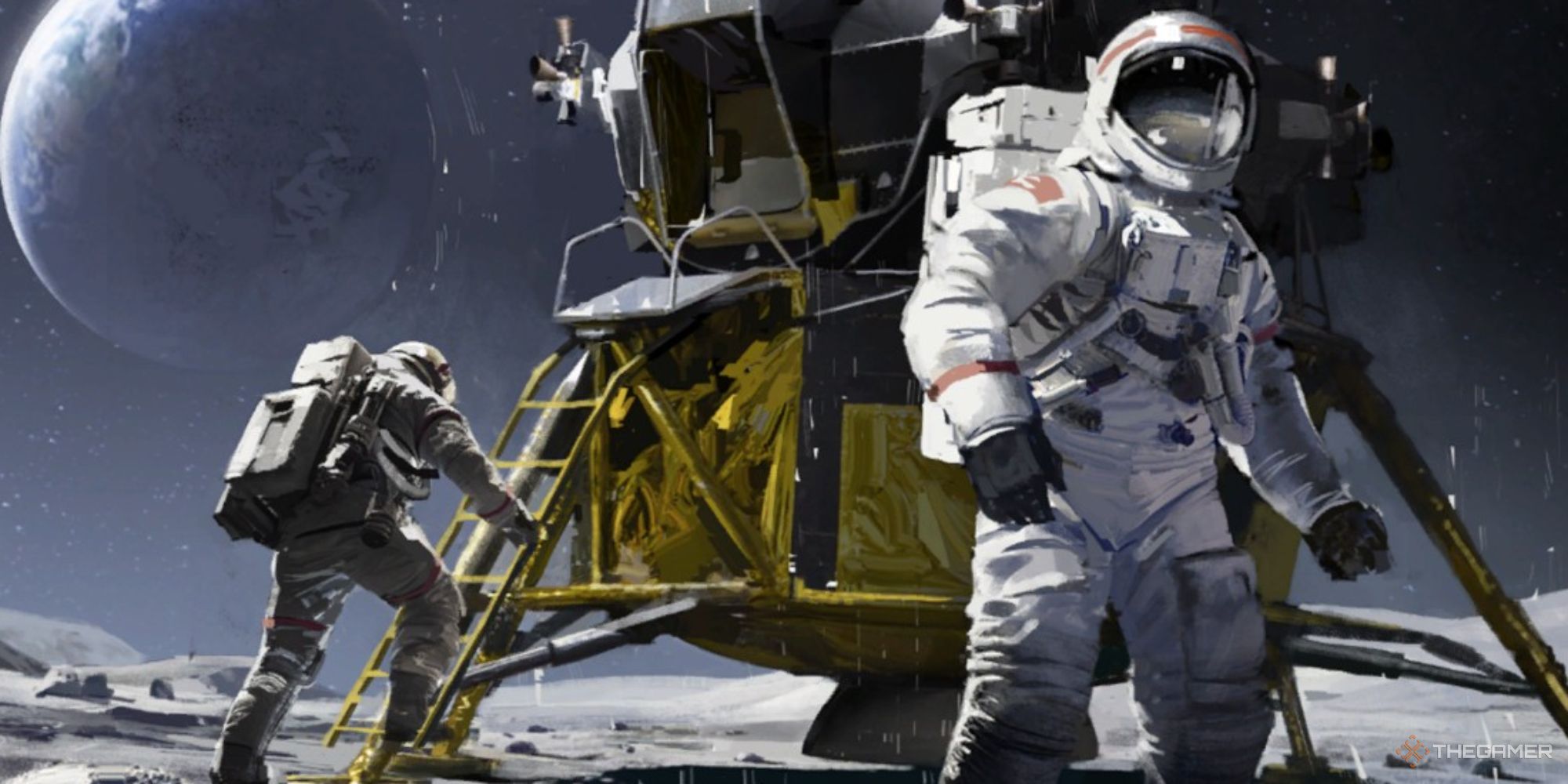 astronauts exit the lunar lander in the age of rocketry artwork in millennia