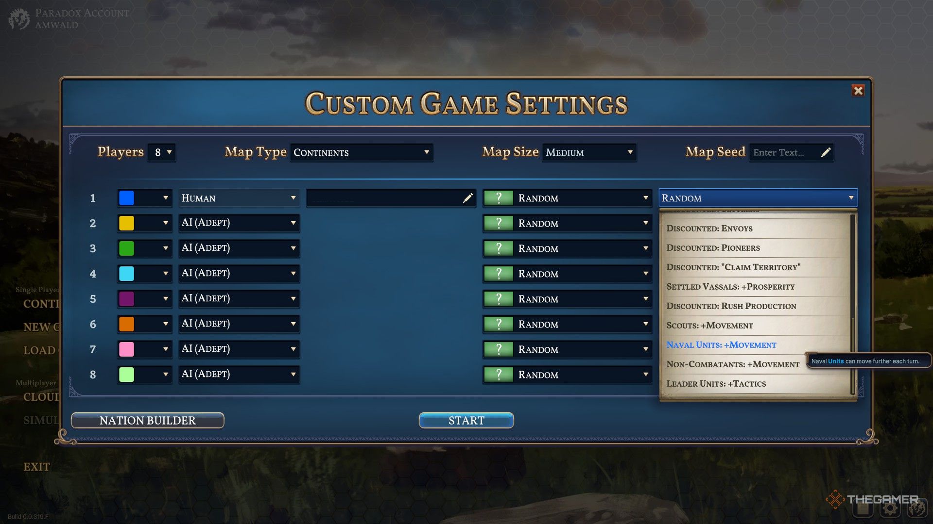 the custom game settings screen for a new campaign in millennia