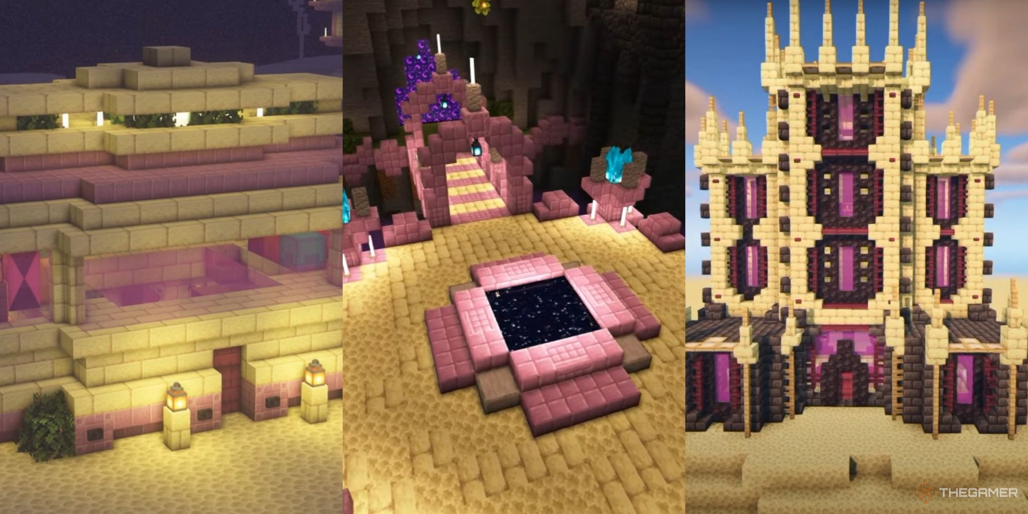 An image from Minecraft of the Best End Bases. This image showcases a End house, and End Portal, and an End Castle. 