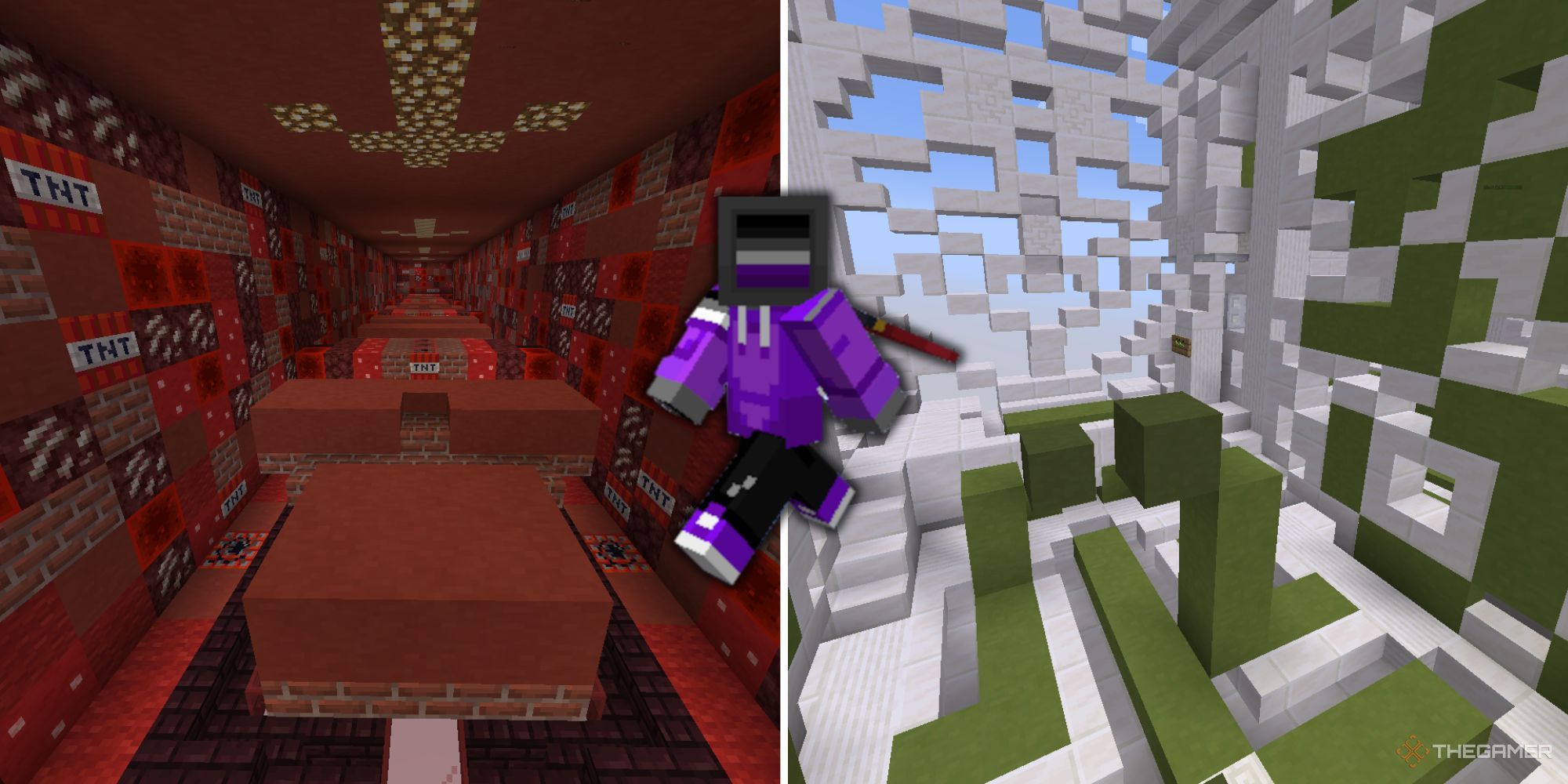 Minecraft a character overlayed on top of a split image showing a red parkour course and a green and white parkour course